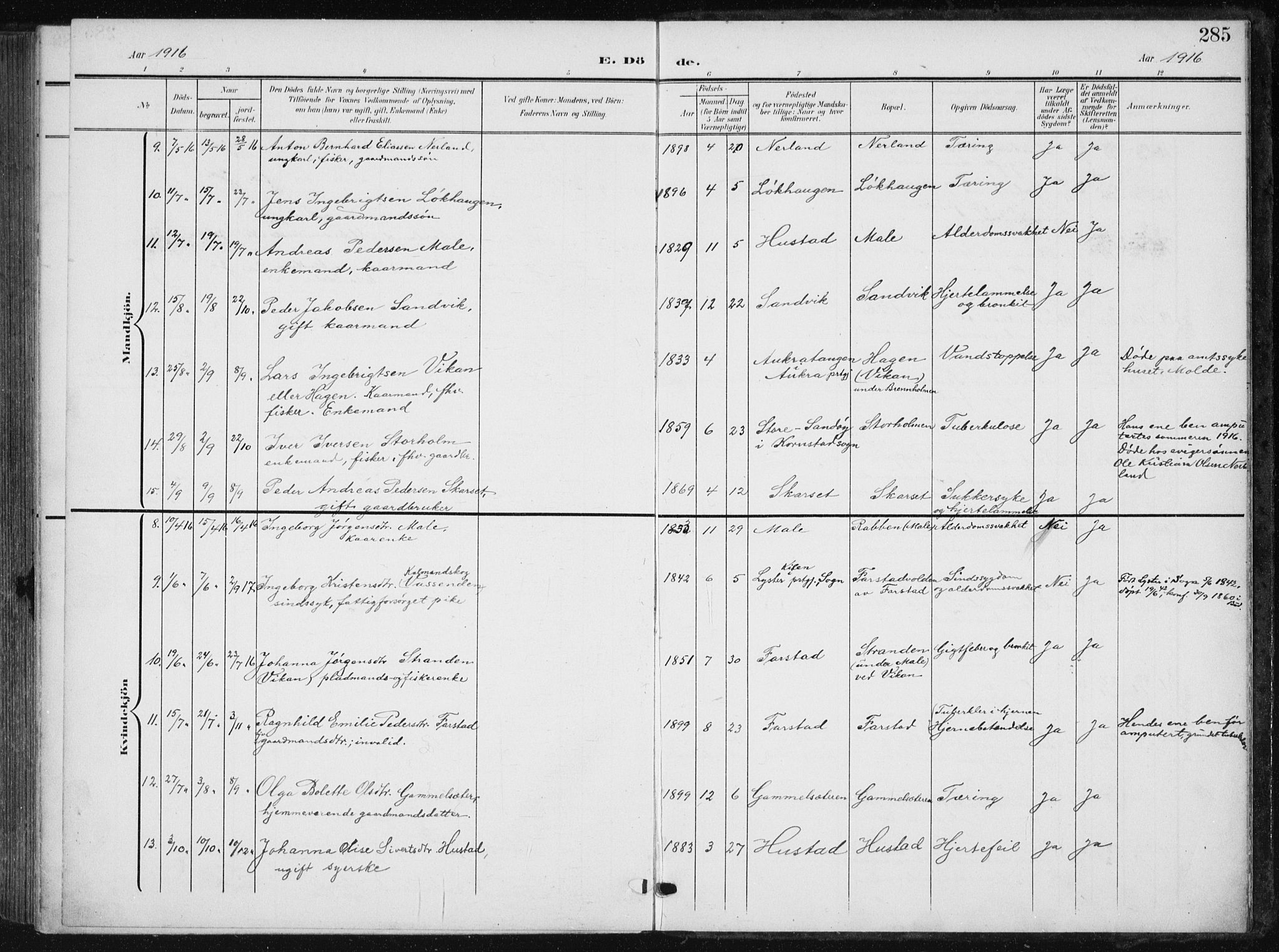 Ministerialprotokoller, klokkerbøker og fødselsregistre - Møre og Romsdal, AV/SAT-A-1454/567/L0784: Parish register (copy) no. 567C04, 1903-1938, p. 285