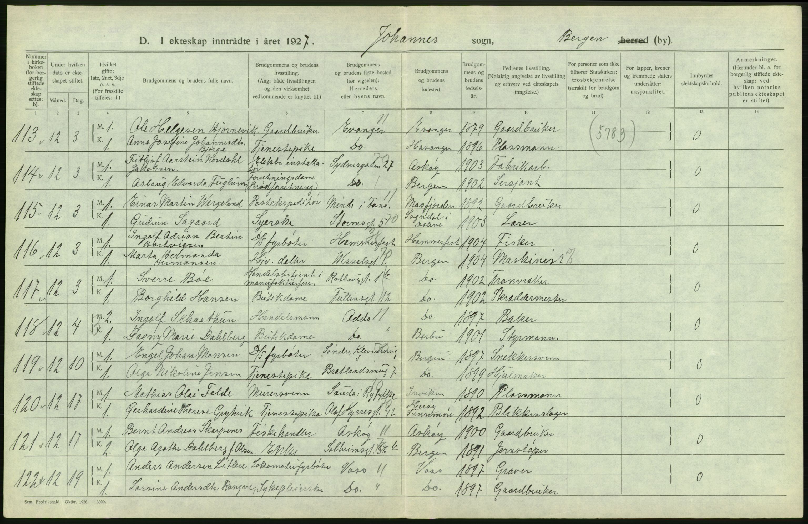 Statistisk sentralbyrå, Sosiodemografiske emner, Befolkning, AV/RA-S-2228/D/Df/Dfc/Dfcg/L0028: Bergen: Gifte, døde., 1927, p. 92