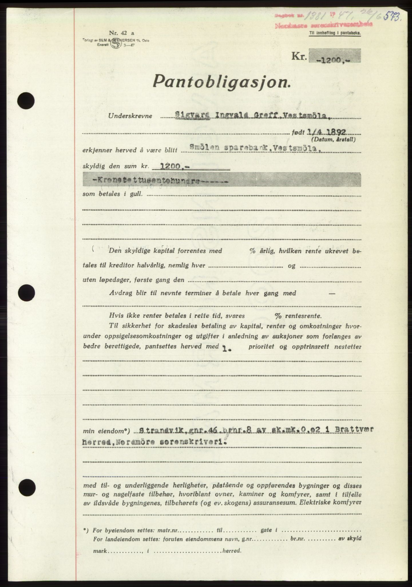 Nordmøre sorenskriveri, AV/SAT-A-4132/1/2/2Ca: Mortgage book no. B96, 1947-1947, Diary no: : 1381/1947