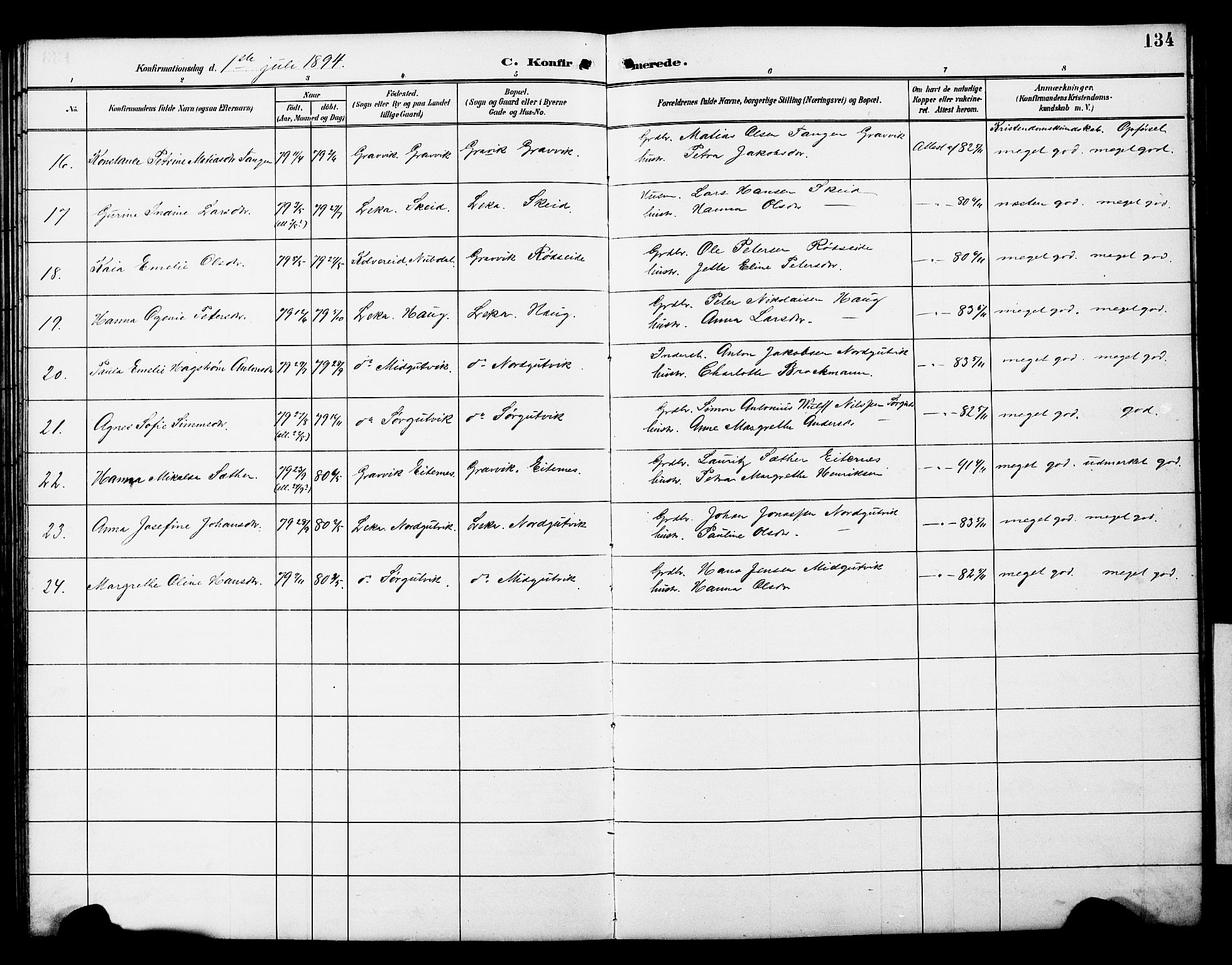 Ministerialprotokoller, klokkerbøker og fødselsregistre - Nord-Trøndelag, AV/SAT-A-1458/788/L0701: Parish register (copy) no. 788C01, 1888-1913, p. 134