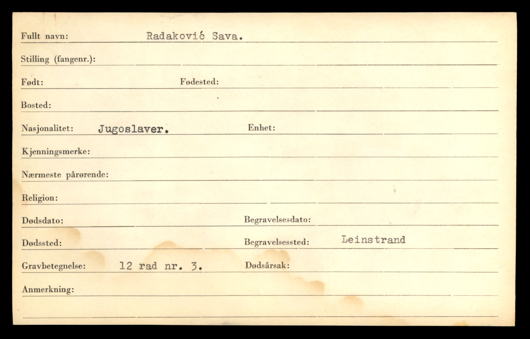 Distriktskontoret for krigsgraver, AV/SAT-A-5030/E/L0005: Kasett/kartotek over falne Britiske og tyske solater, samt andre nasjoners krigsgraver, 1945, p. 11