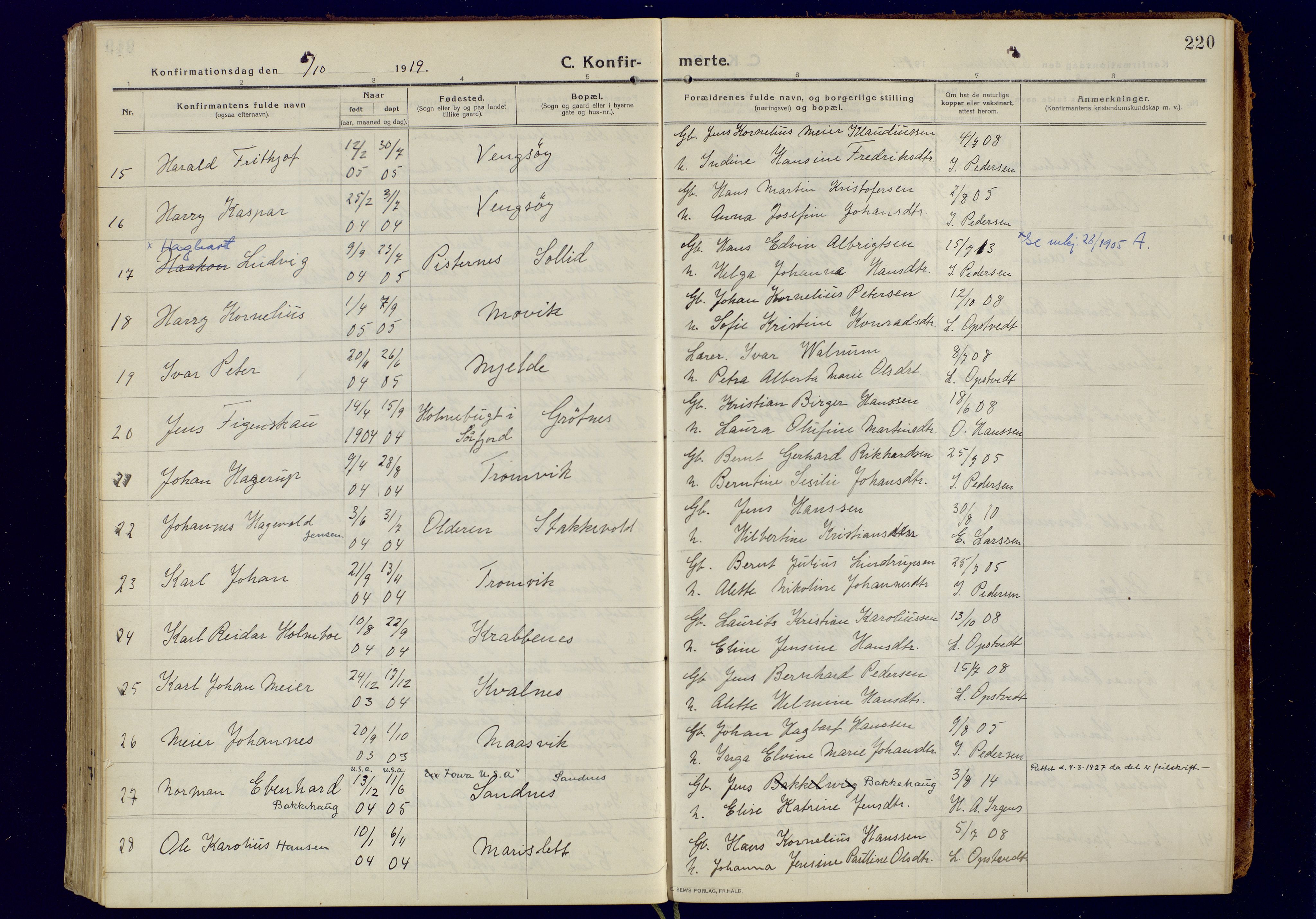 Tromsøysund sokneprestkontor, AV/SATØ-S-1304/G/Ga/L0008kirke: Parish register (official) no. 8, 1914-1922, p. 220