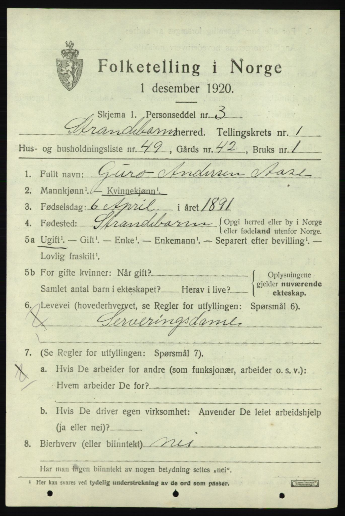 SAB, 1920 census for Strandebarm, 1920, p. 1864