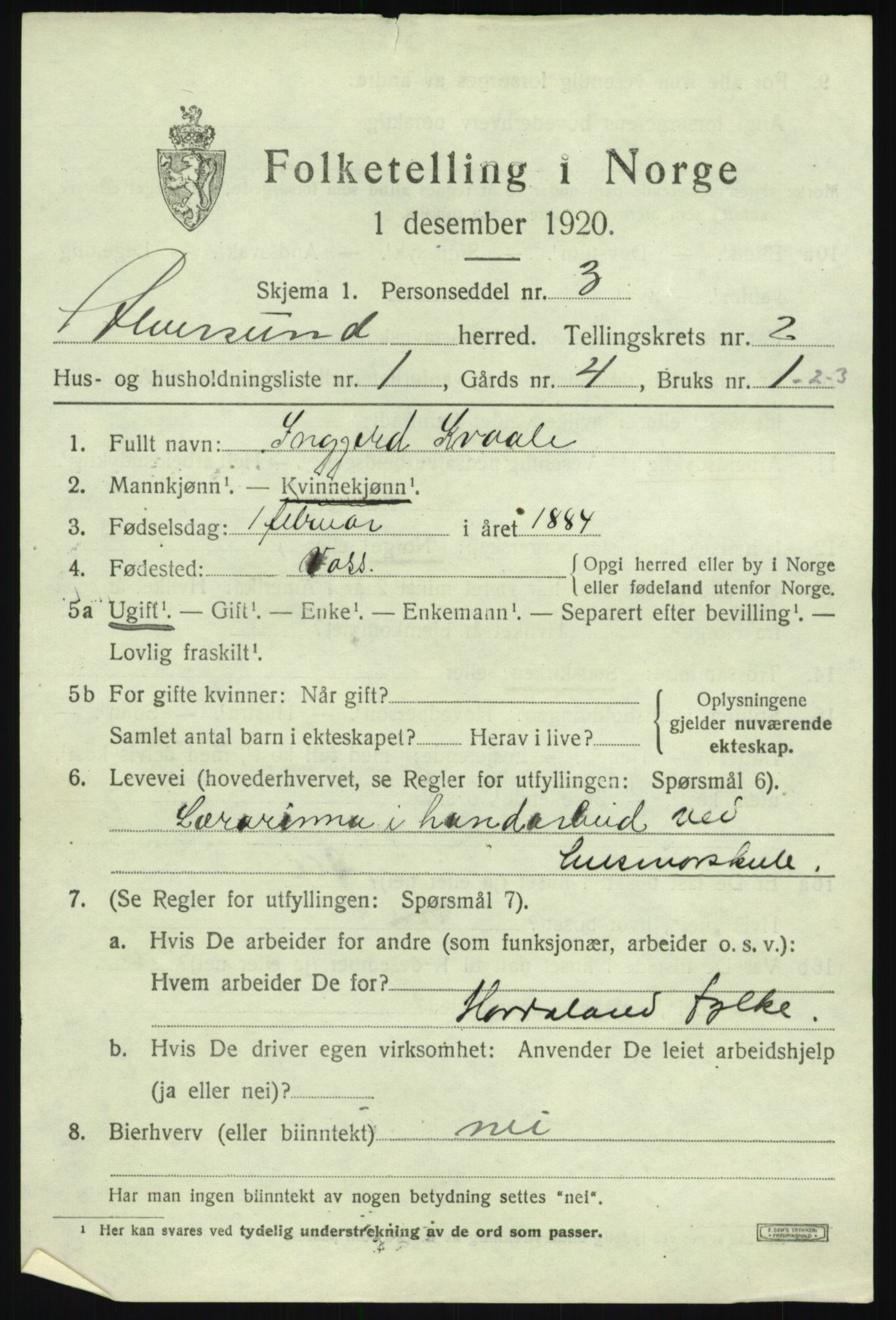 SAB, 1920 census for Alversund, 1920, p. 1554