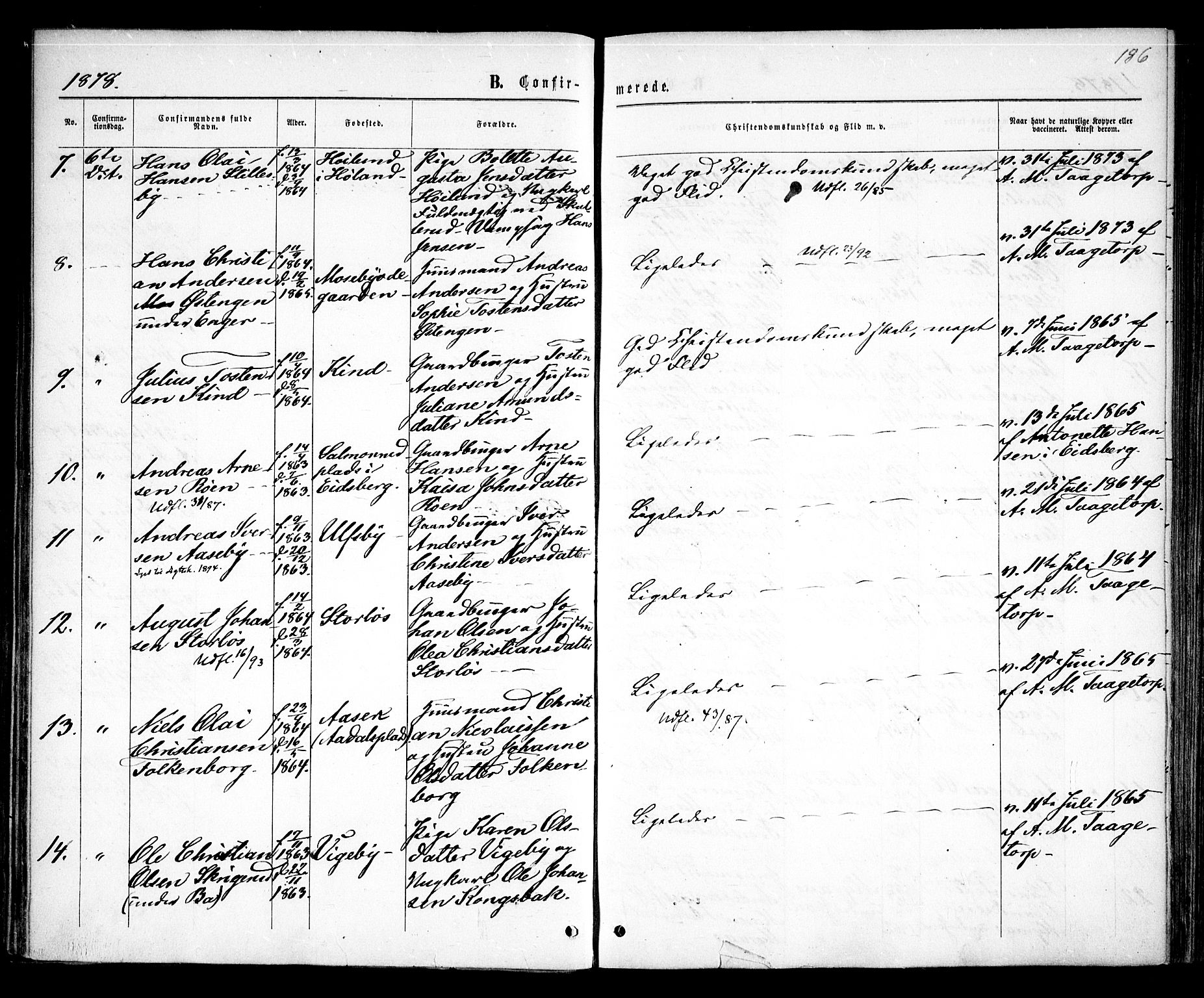 Rødenes prestekontor Kirkebøker, AV/SAO-A-2005/F/Fa/L0008: Parish register (official) no. I 8, 1869-1879, p. 186