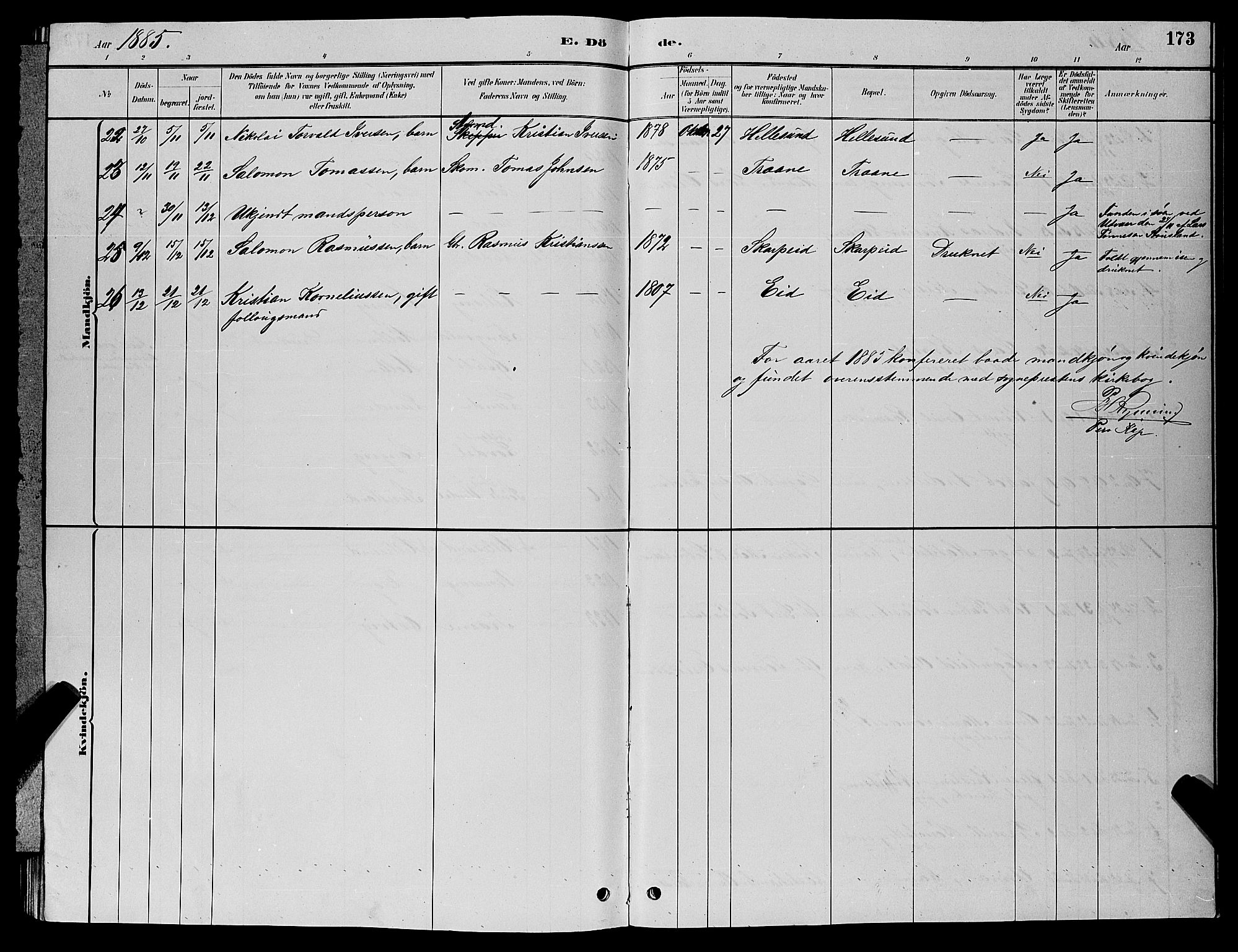 Søgne sokneprestkontor, SAK/1111-0037/F/Fb/Fbb/L0005: Parish register (copy) no. B 5, 1884-1891, p. 173