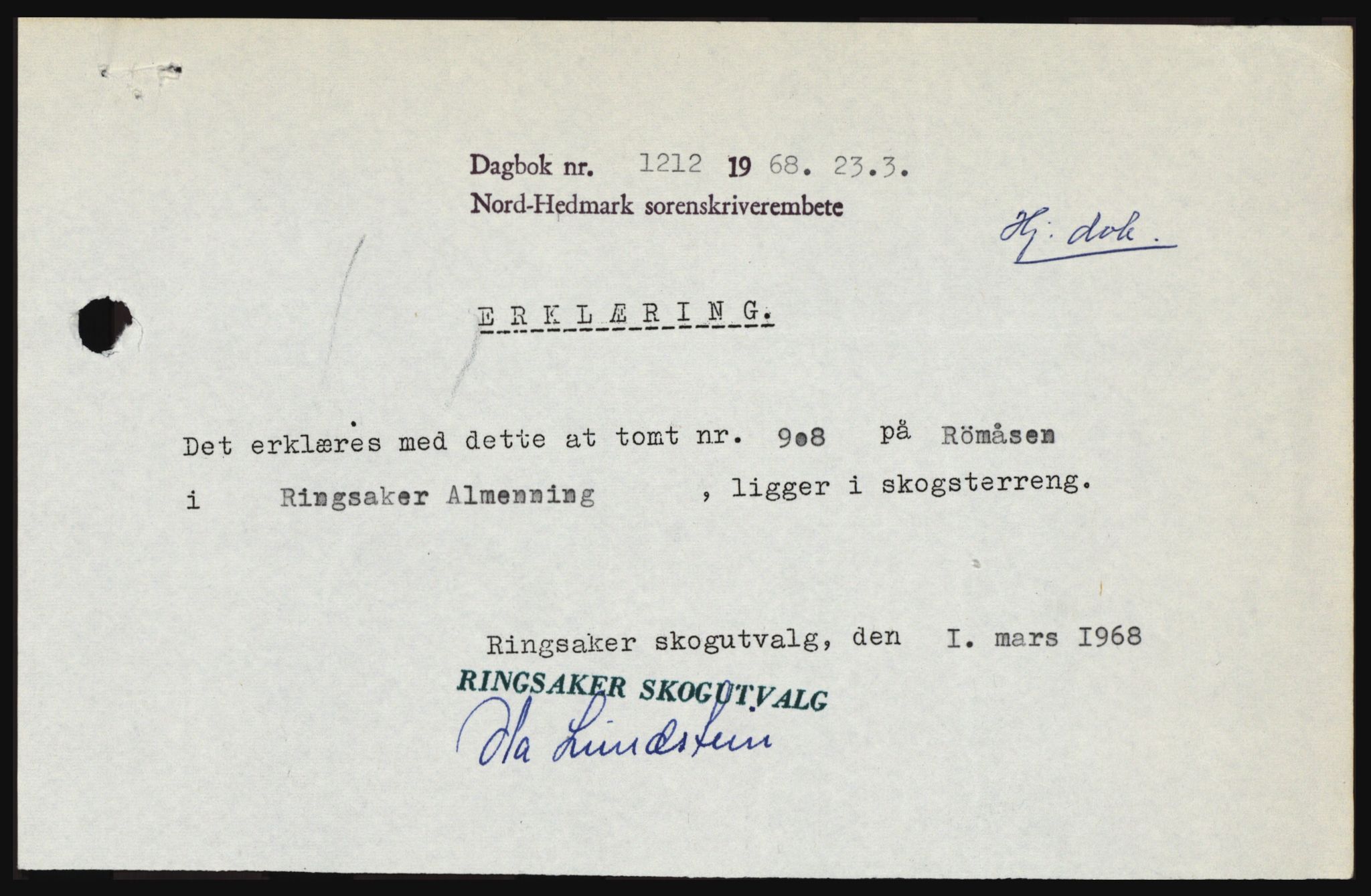 Nord-Hedmark sorenskriveri, SAH/TING-012/H/Hc/L0027: Mortgage book no. 27, 1967-1968, Diary no: : 1212/1968