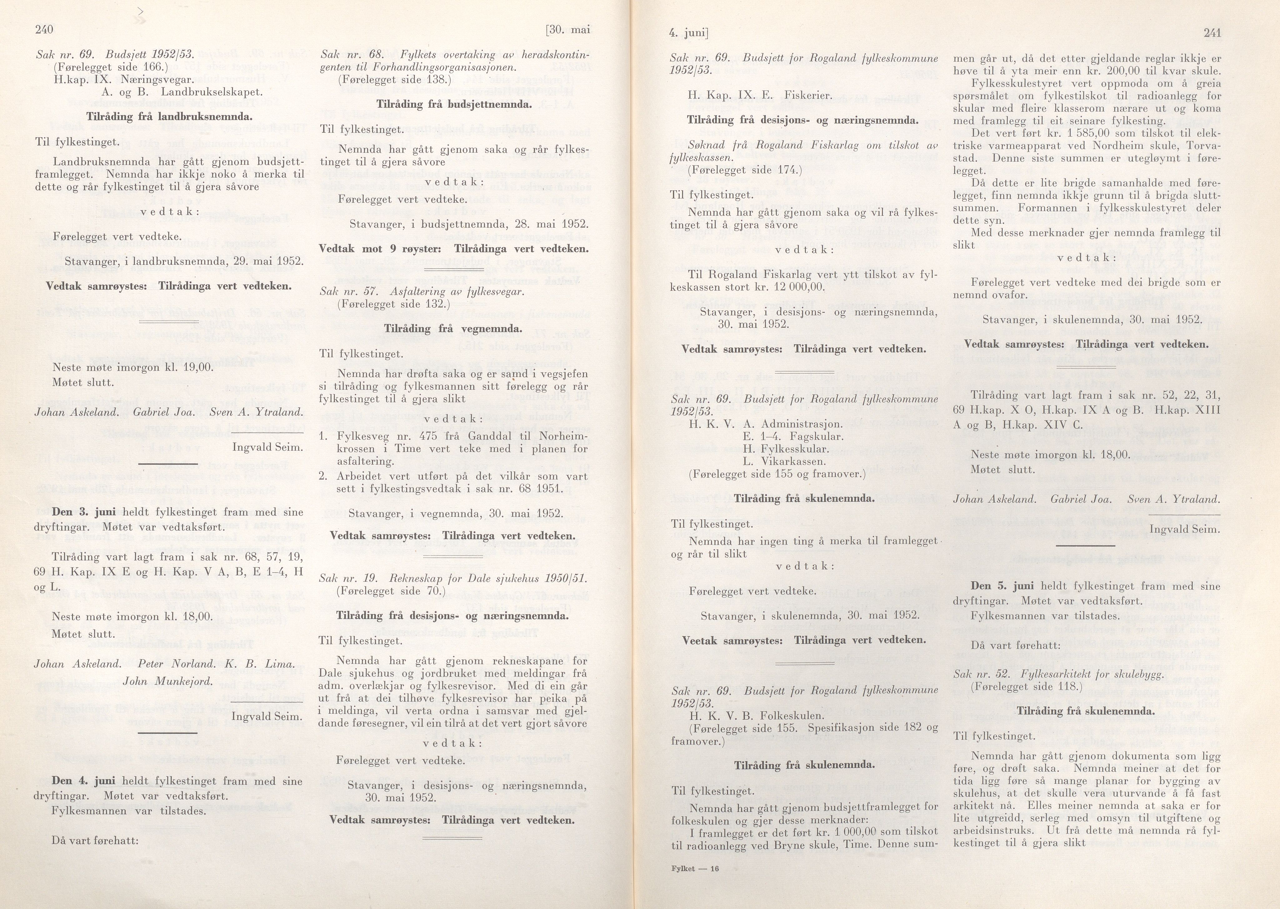 Rogaland fylkeskommune - Fylkesrådmannen , IKAR/A-900/A/Aa/Aaa/L0071: Møtebok , 1952, p. 240-241