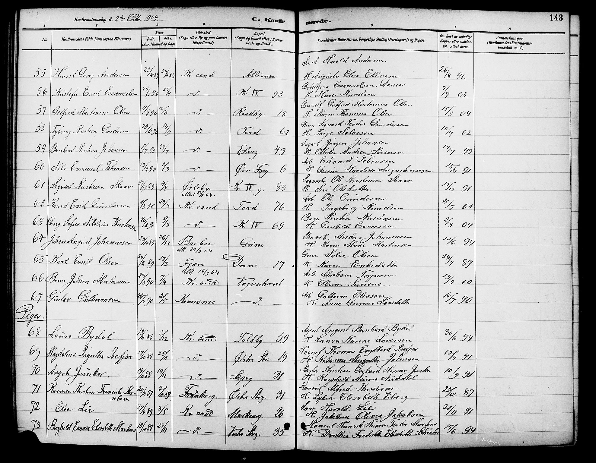 Kristiansand domprosti, SAK/1112-0006/F/Fb/L0017: Parish register (copy) no. B 17, 1893-1906, p. 143