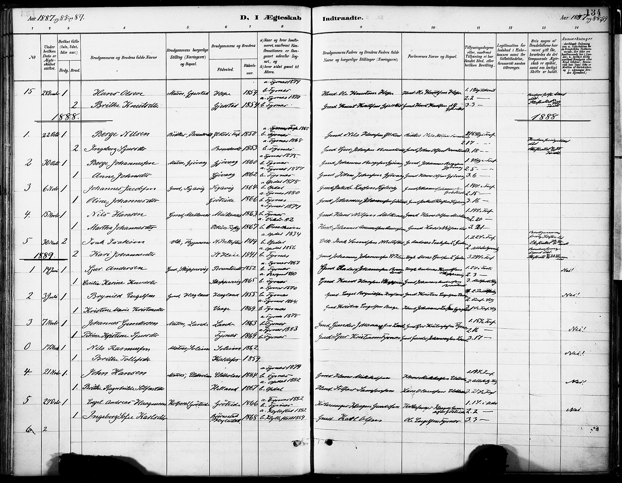 Tysnes sokneprestembete, SAB/A-78601/H/Haa: Parish register (official) no. B 1, 1887-1906, p. 134