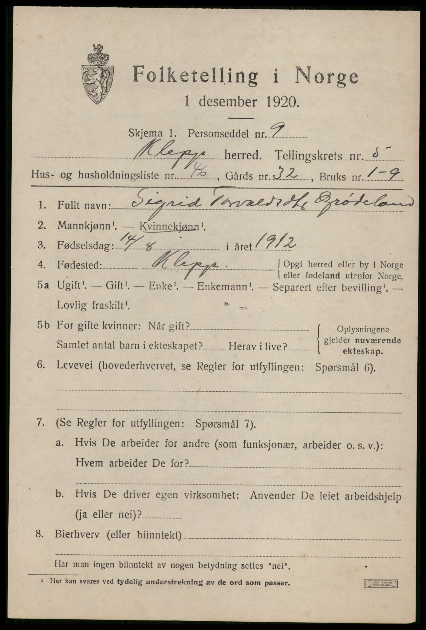 SAST, 1920 census for Klepp, 1920, p. 5924