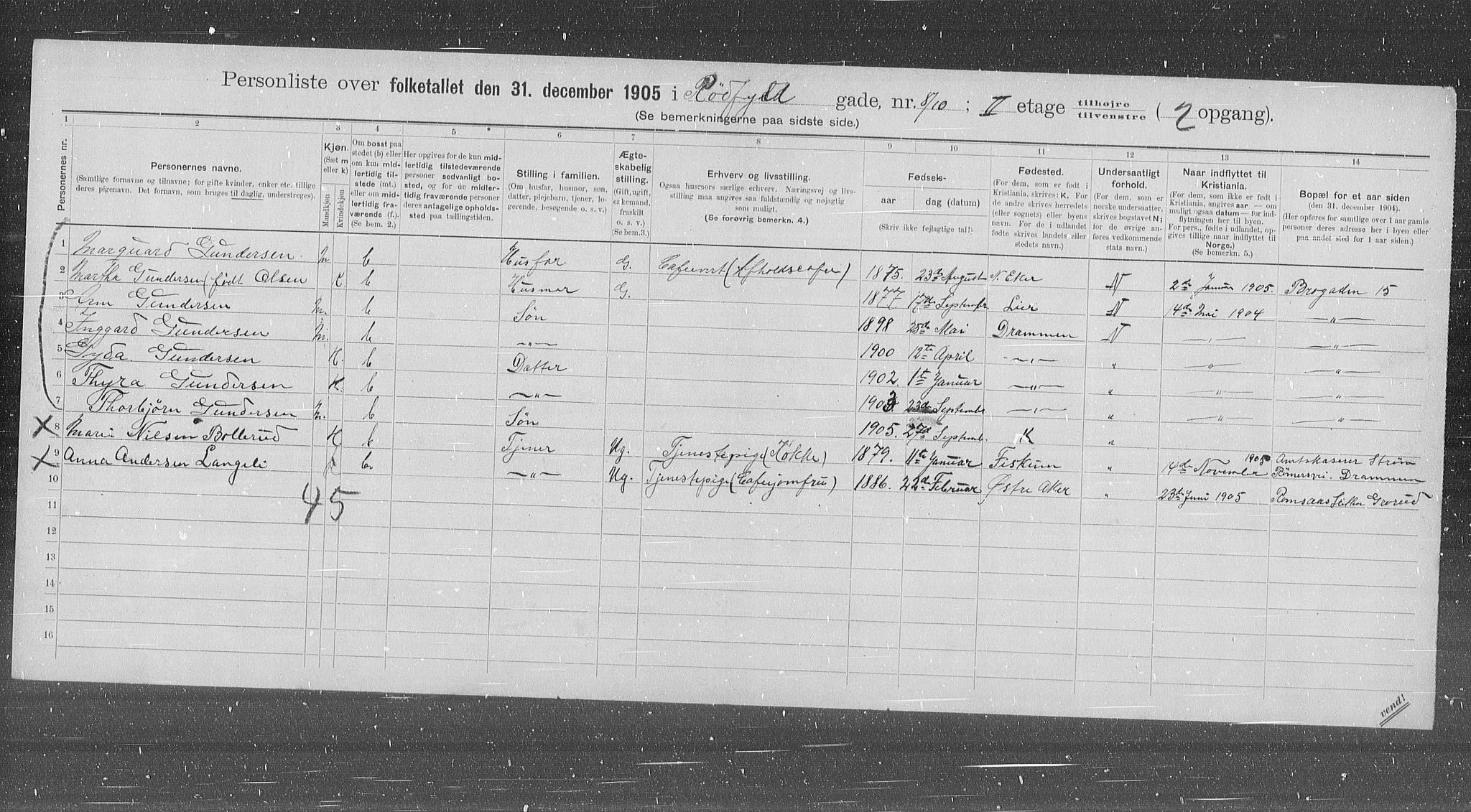 OBA, Municipal Census 1905 for Kristiania, 1905, p. 45287