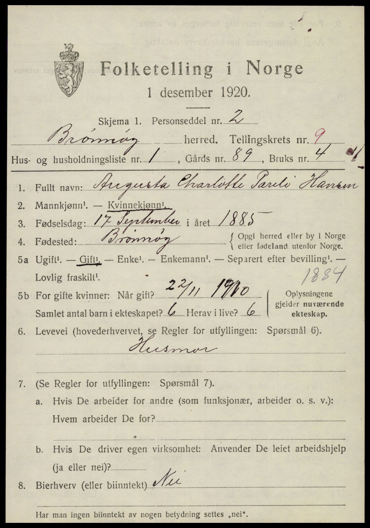 SAT, 1920 census for Brønnøy, 1920, p. 7050