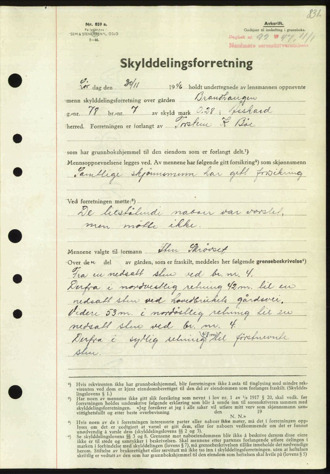 Nordmøre sorenskriveri, AV/SAT-A-4132/1/2/2Ca: Mortgage book no. A103, 1946-1947, Diary no: : 92/1947