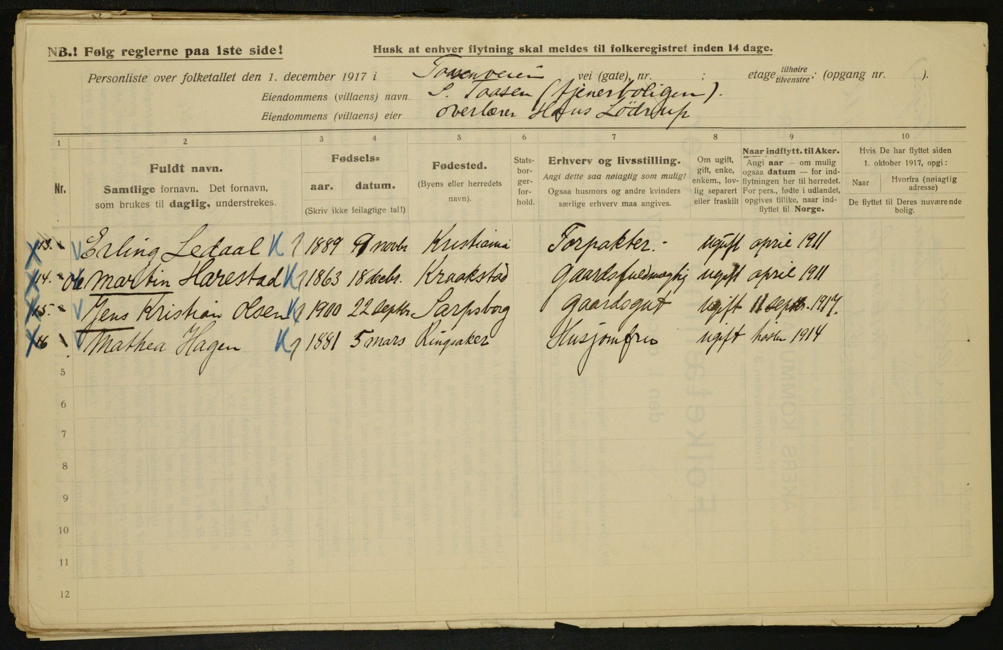 OBA, Municipal Census 1917 for Aker, 1917, p. 11701