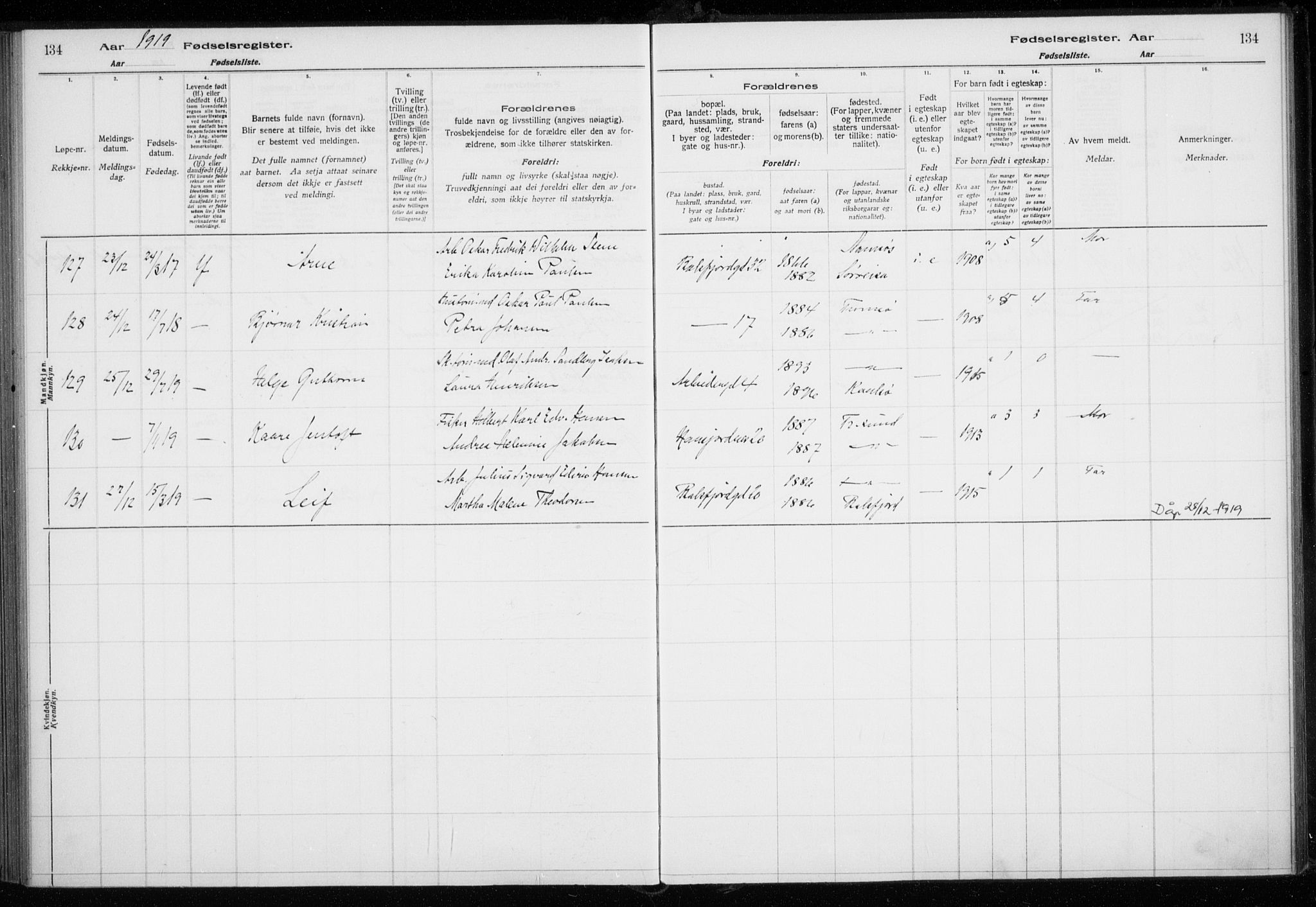 Tromsø sokneprestkontor/stiftsprosti/domprosti, AV/SATØ-S-1343/H/Ha/L0131: Birth register no. 131, 1916-1921, p. 134