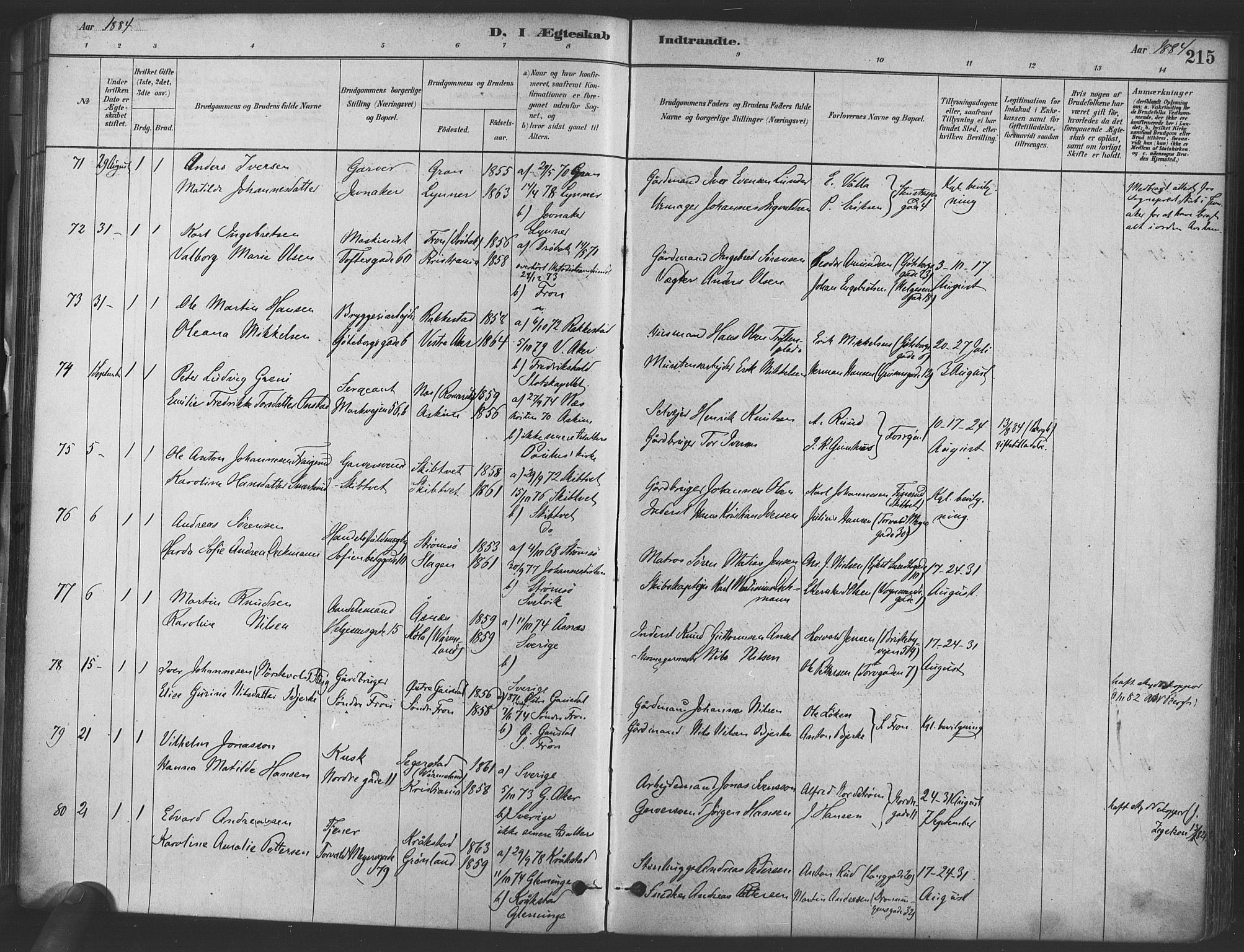 Paulus prestekontor Kirkebøker, SAO/A-10871/F/Fa/L0004: Parish register (official) no. 4, 1879-1891, p. 215