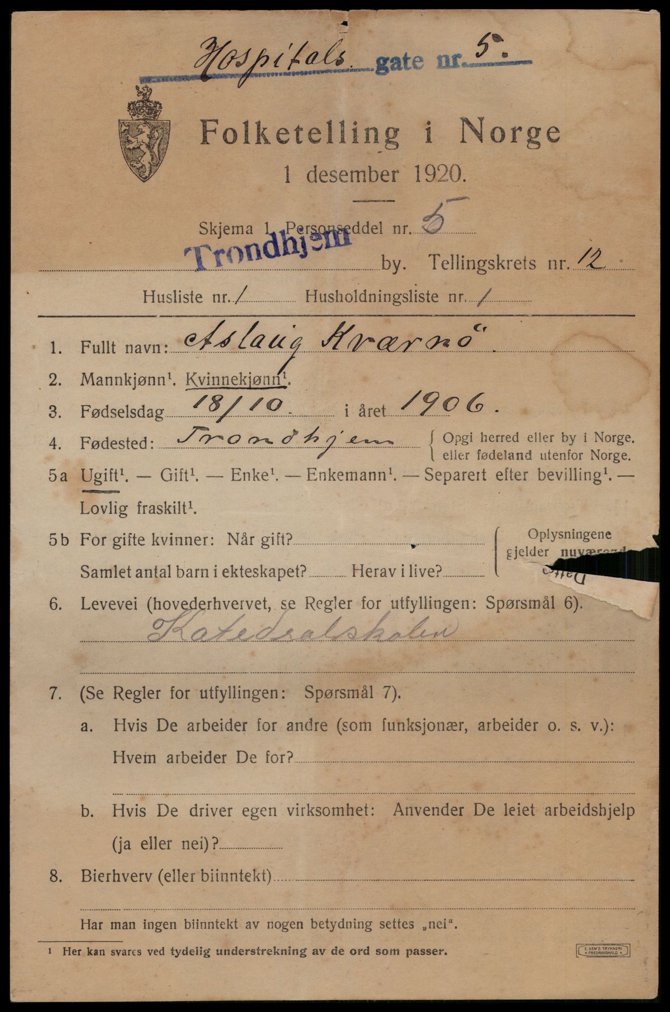 SAT, 1920 census for Trondheim, 1920, p. 47760