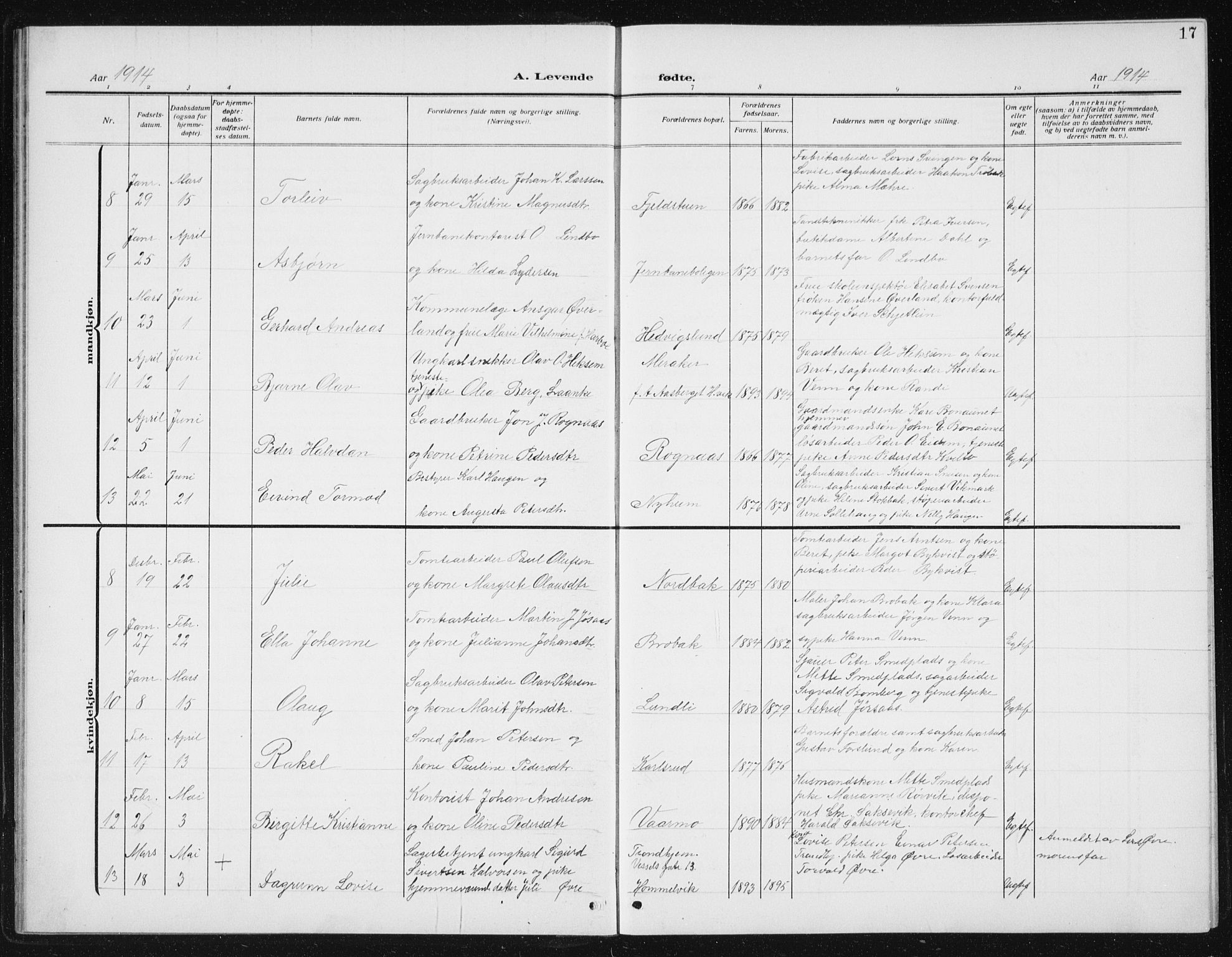 Ministerialprotokoller, klokkerbøker og fødselsregistre - Sør-Trøndelag, SAT/A-1456/617/L0431: Parish register (copy) no. 617C02, 1910-1936, p. 17