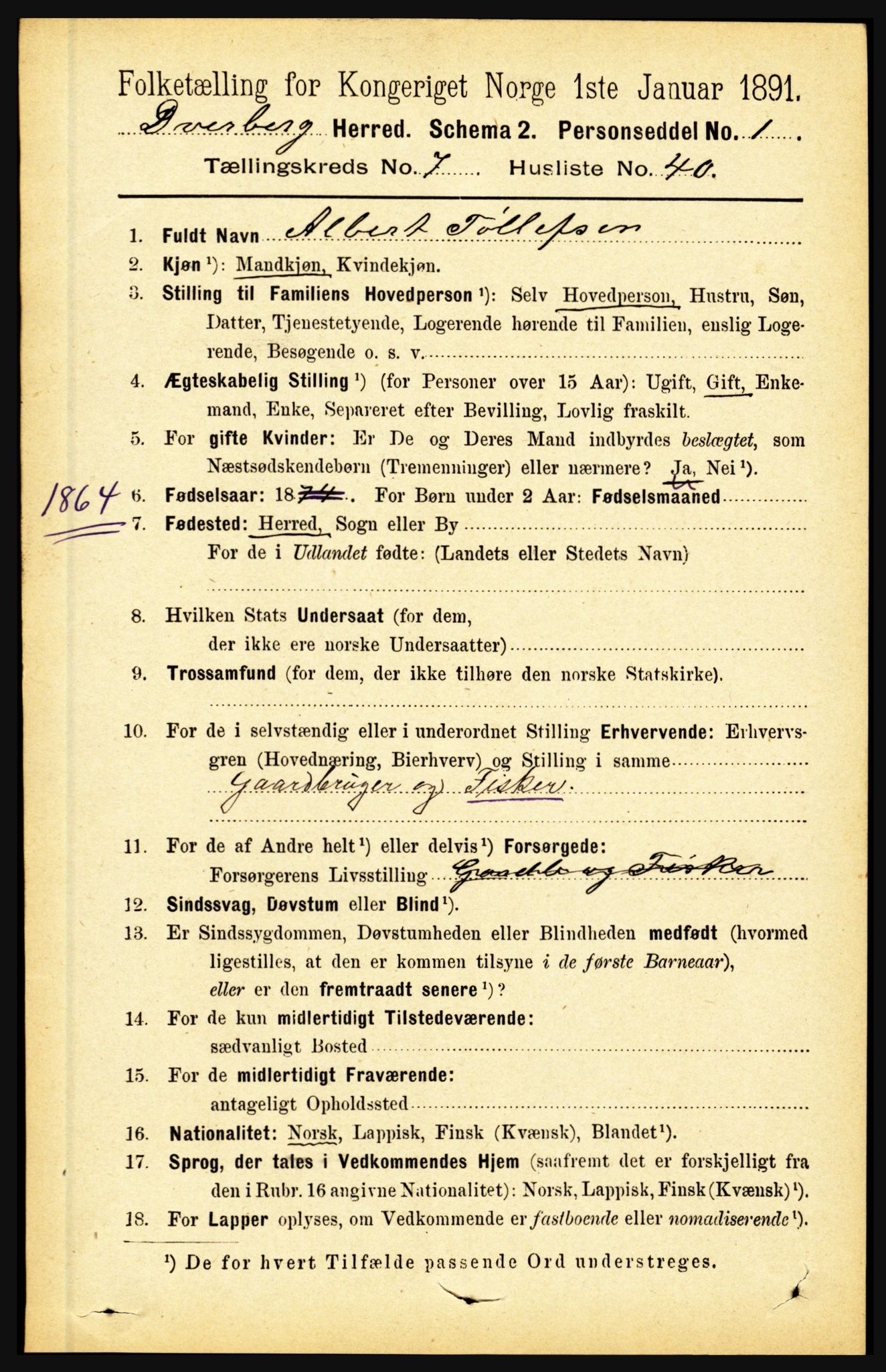 RA, 1891 census for 1872 Dverberg, 1891, p. 2848