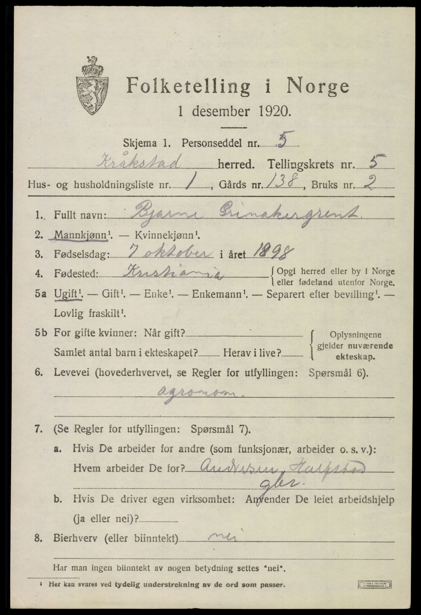 SAO, 1920 census for Kråkstad, 1920, p. 4809