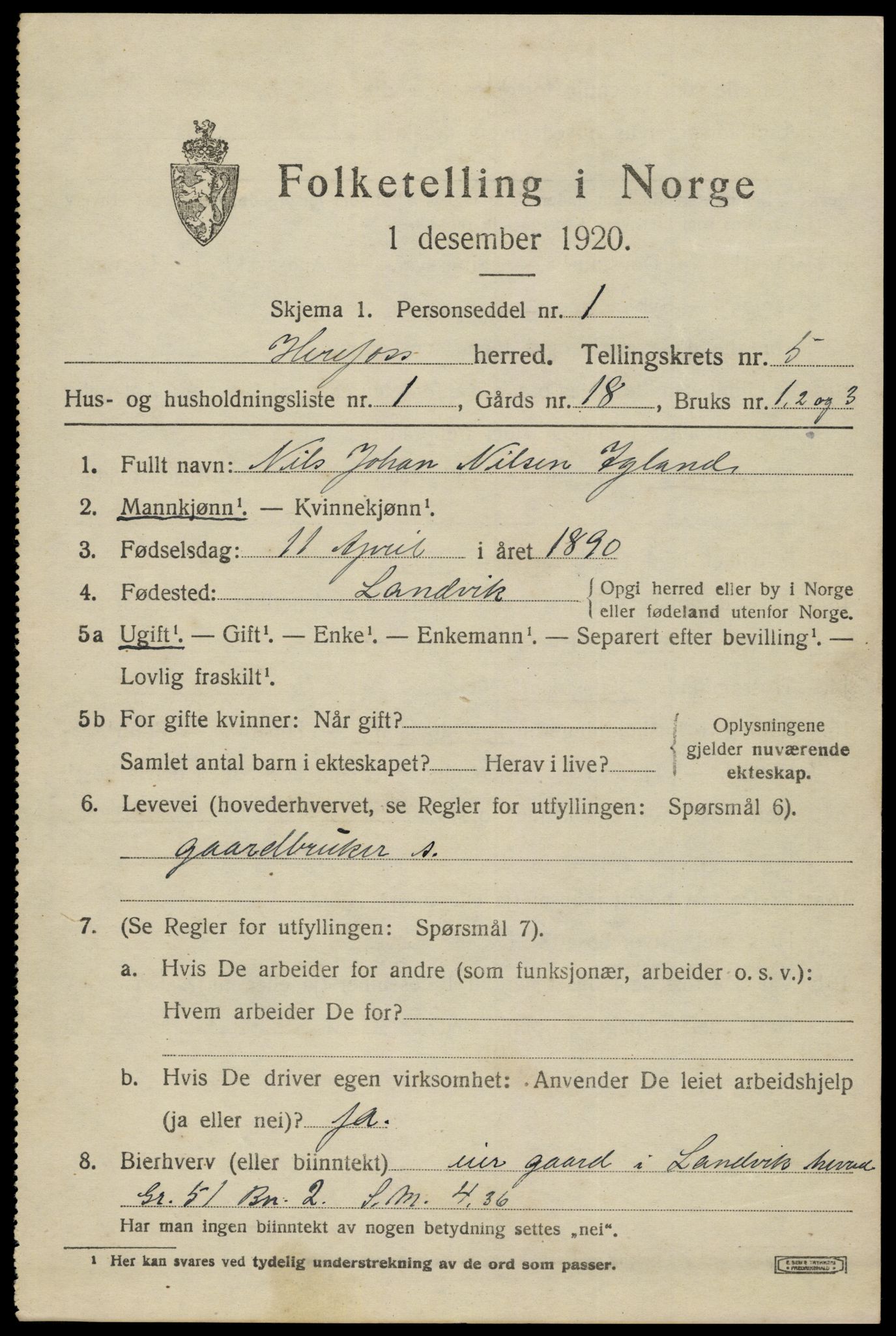 SAK, 1920 census for Herefoss, 1920, p. 918