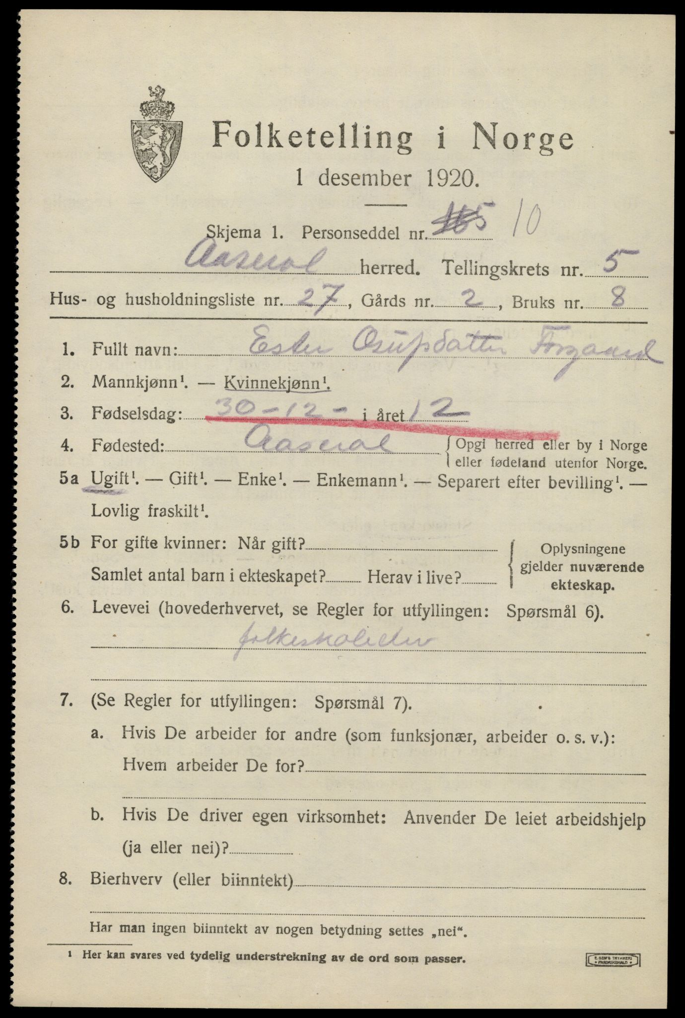 SAK, 1920 census for Åseral, 1920, p. 1792