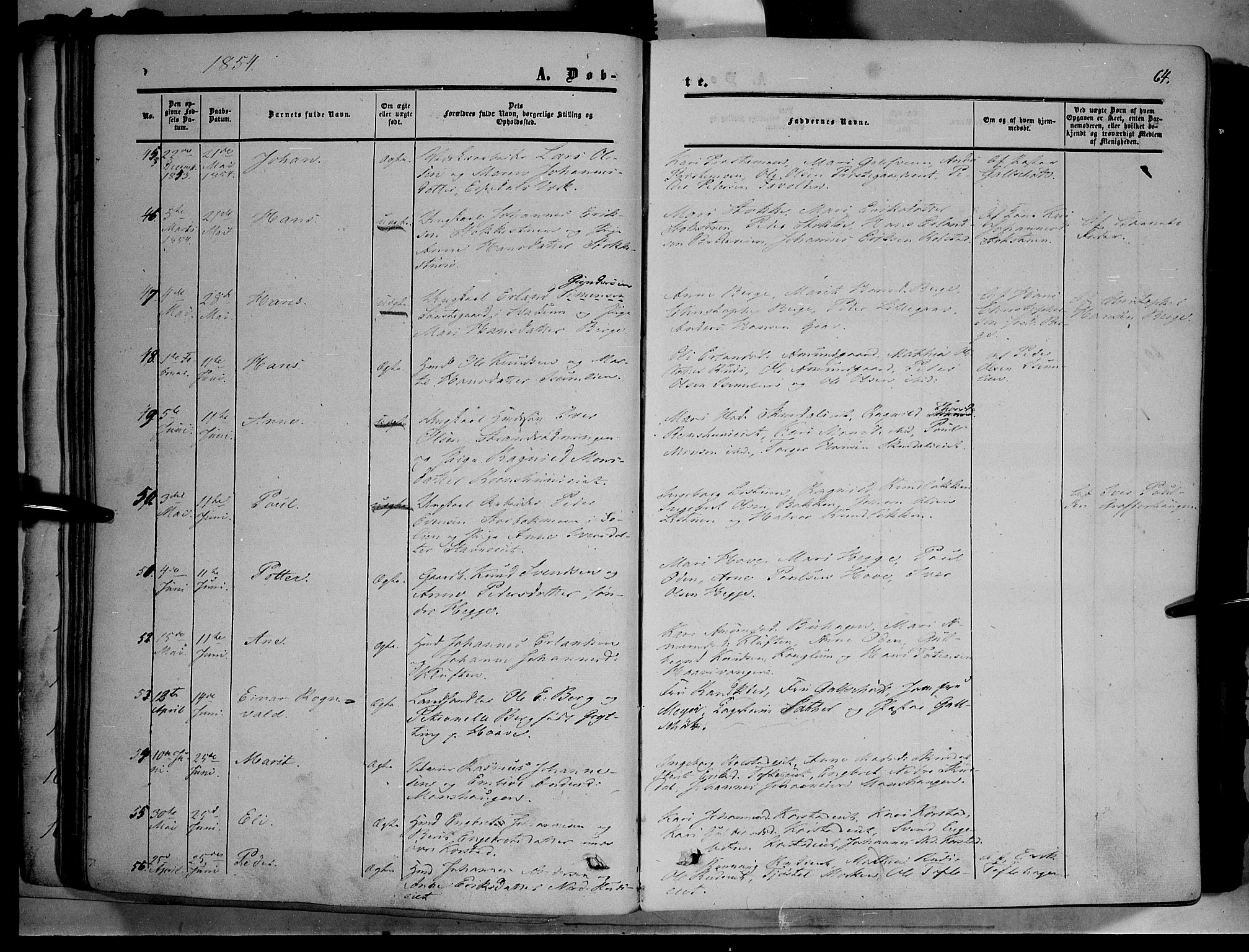 Sør-Fron prestekontor, AV/SAH-PREST-010/H/Ha/Haa/L0001: Parish register (official) no. 1, 1849-1863, p. 64