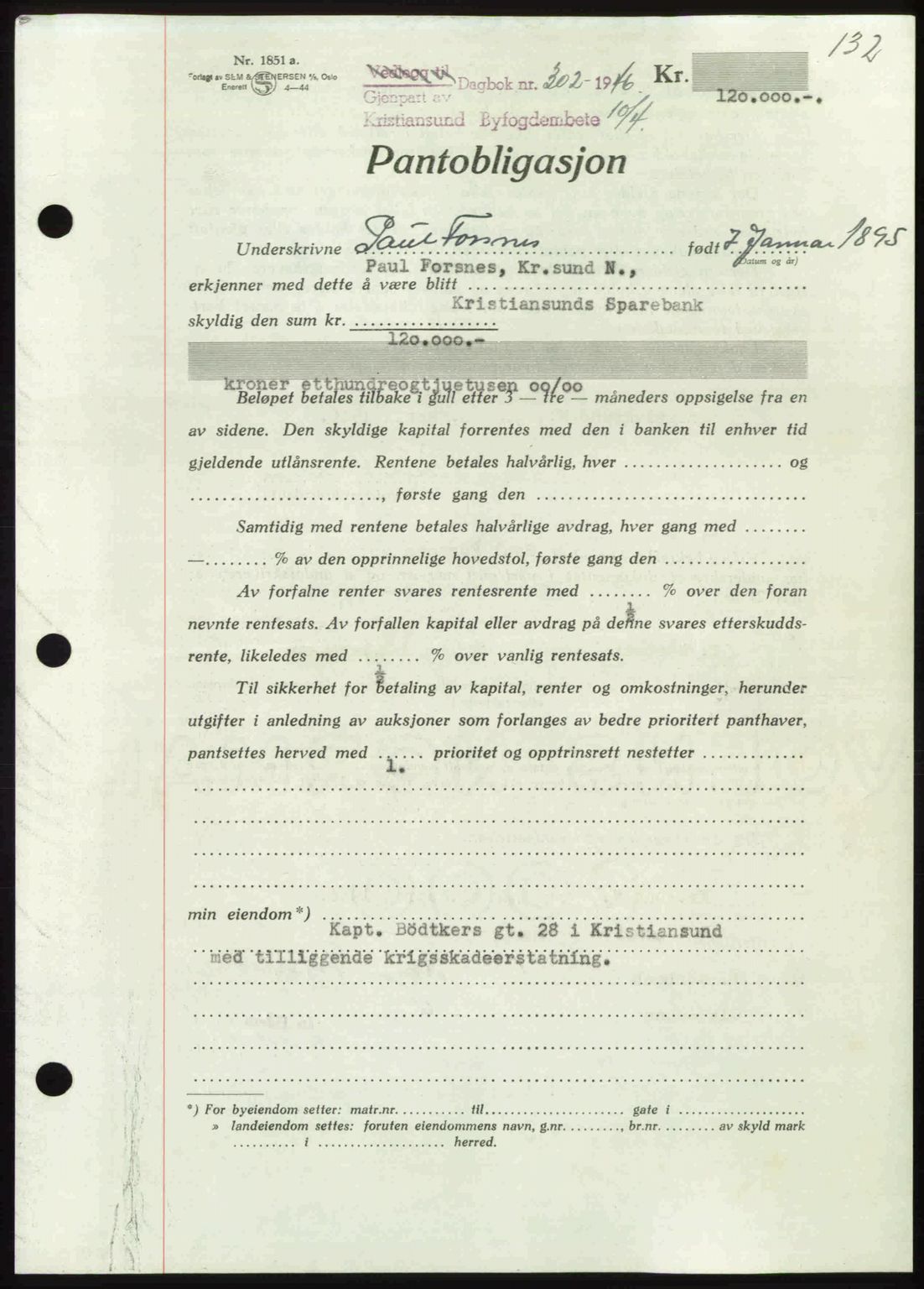 Kristiansund byfogd, AV/SAT-A-4587/A/27: Mortgage book no. 40, 1946-1946, Diary no: : 302/1946