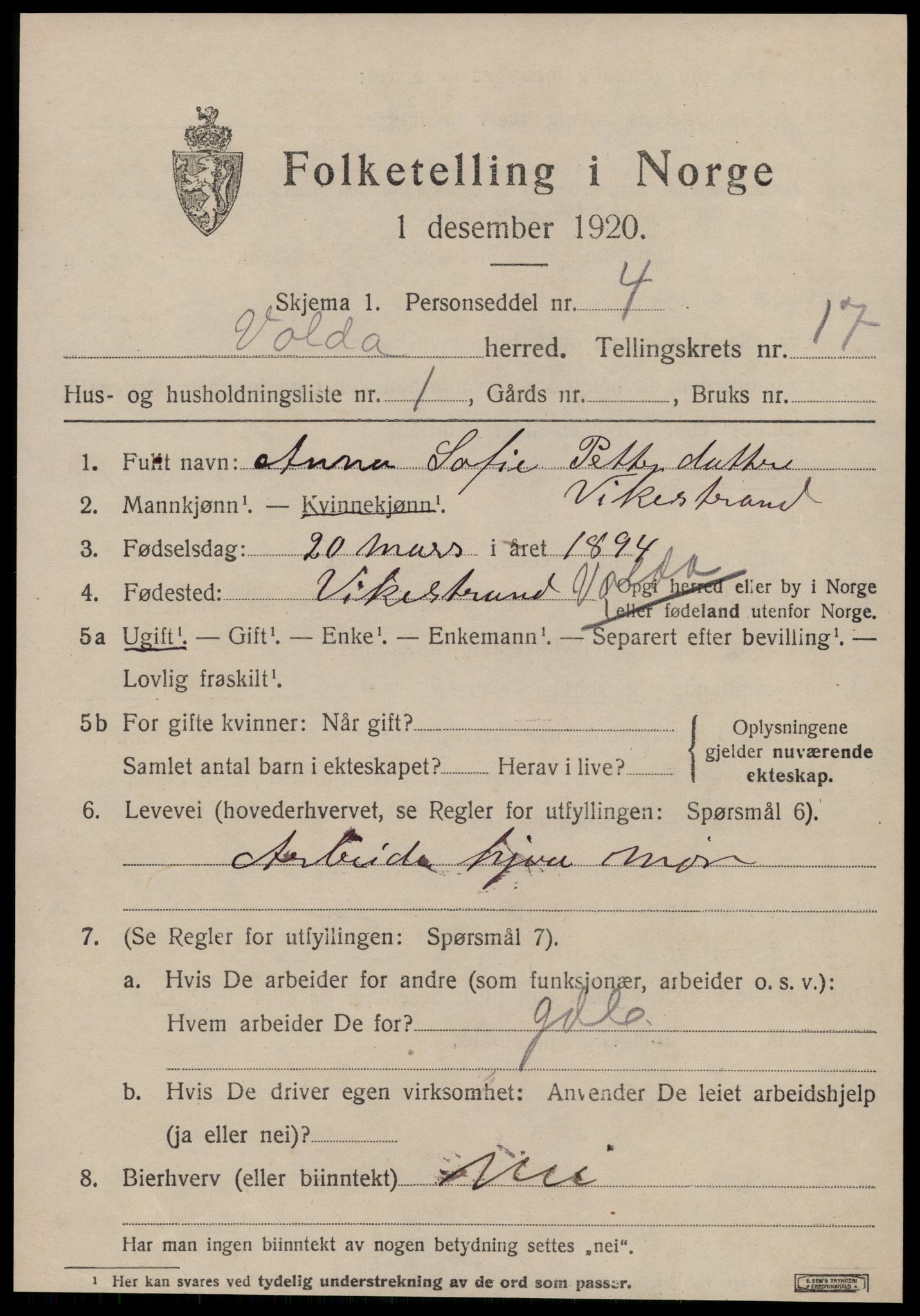 SAT, 1920 census for Volda, 1920, p. 9572