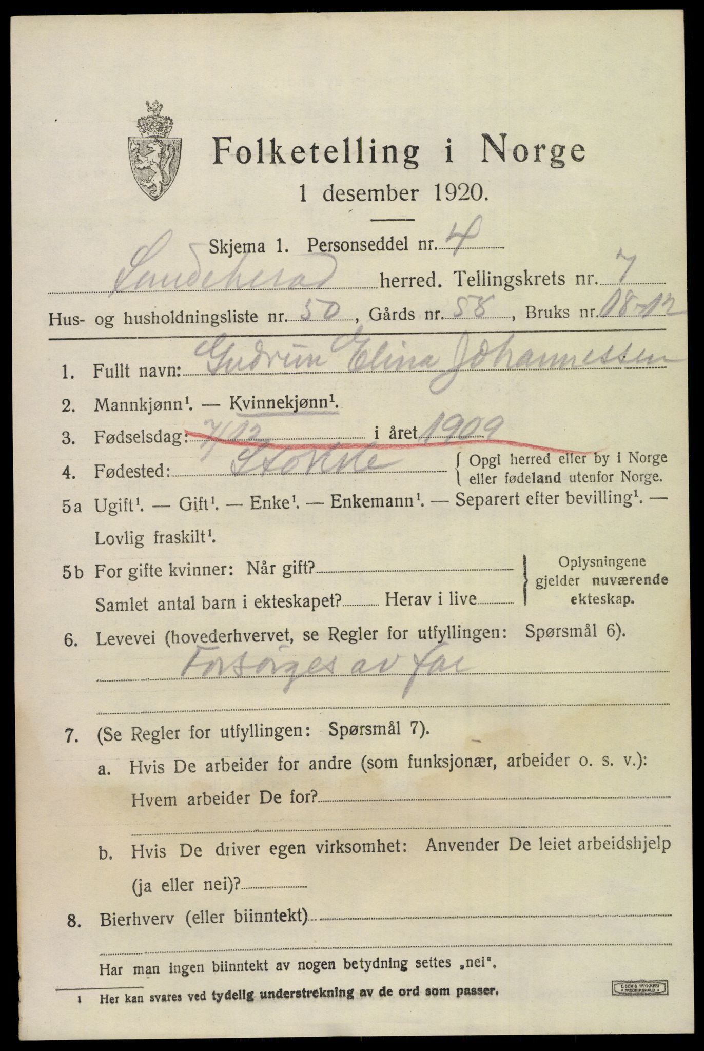 SAKO, 1920 census for Sandeherred, 1920, p. 12522