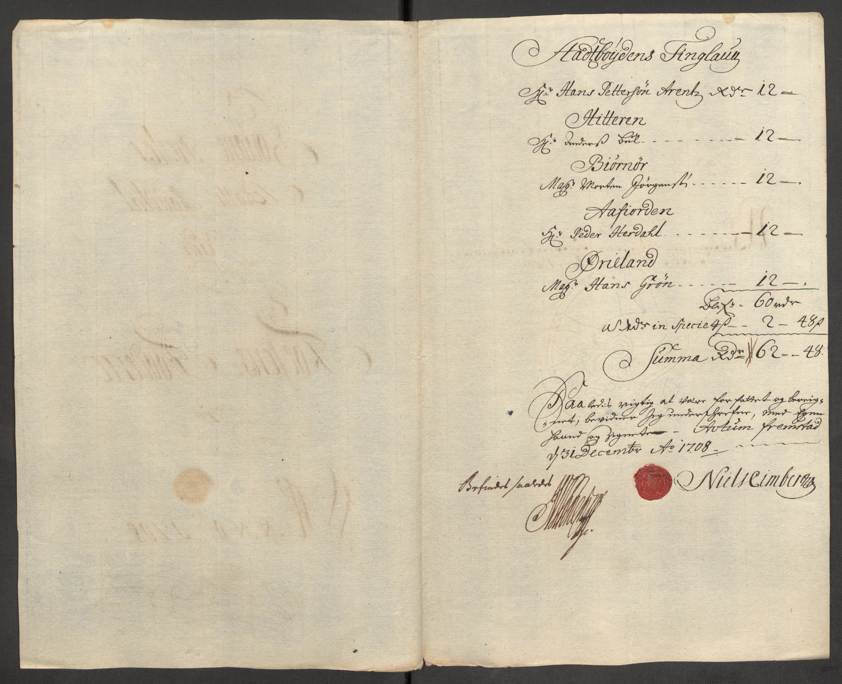 Rentekammeret inntil 1814, Reviderte regnskaper, Fogderegnskap, RA/EA-4092/R57/L3858: Fogderegnskap Fosen, 1708-1709, p. 95