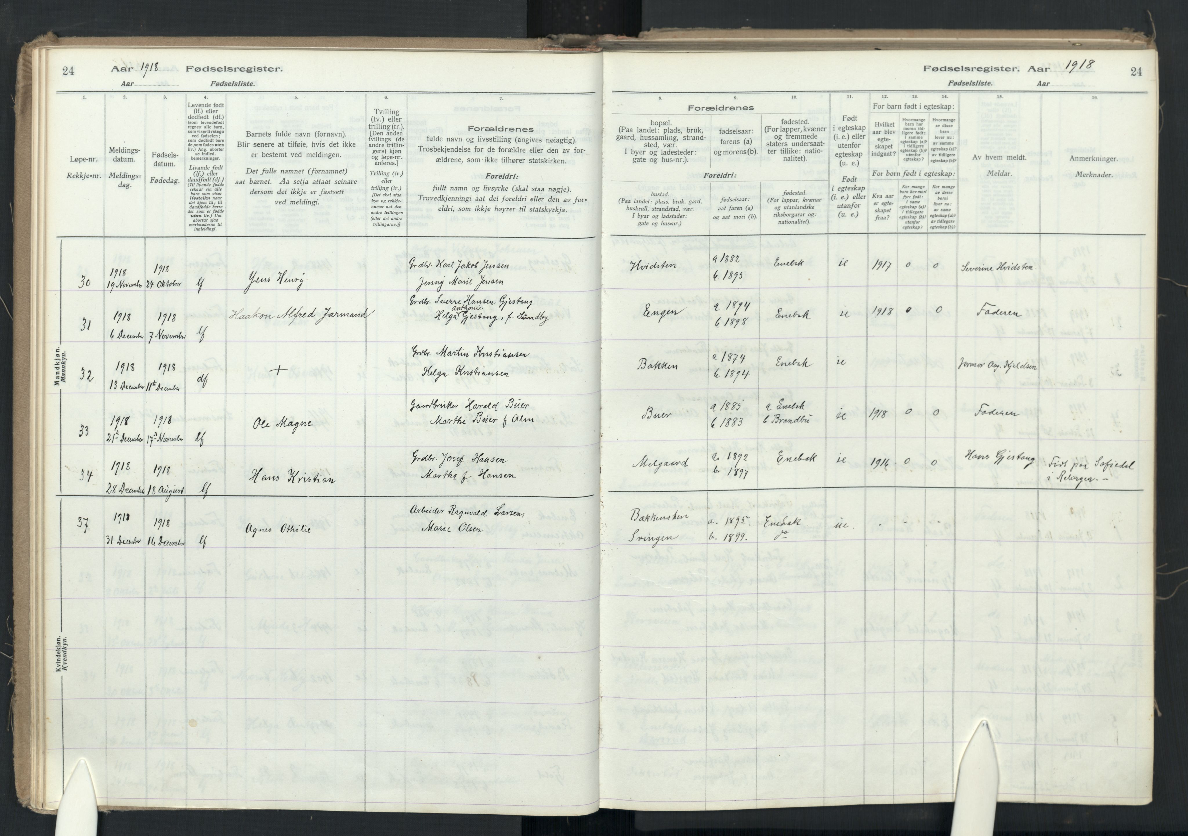 Enebakk prestekontor Kirkebøker, AV/SAO-A-10171c/J/Ja/L0001: Birth register no. I 1, 1916-1948, p. 24