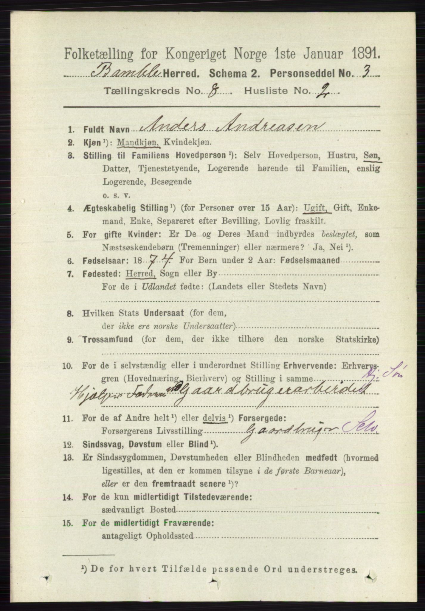 RA, 1891 census for 0814 Bamble, 1891, p. 3505