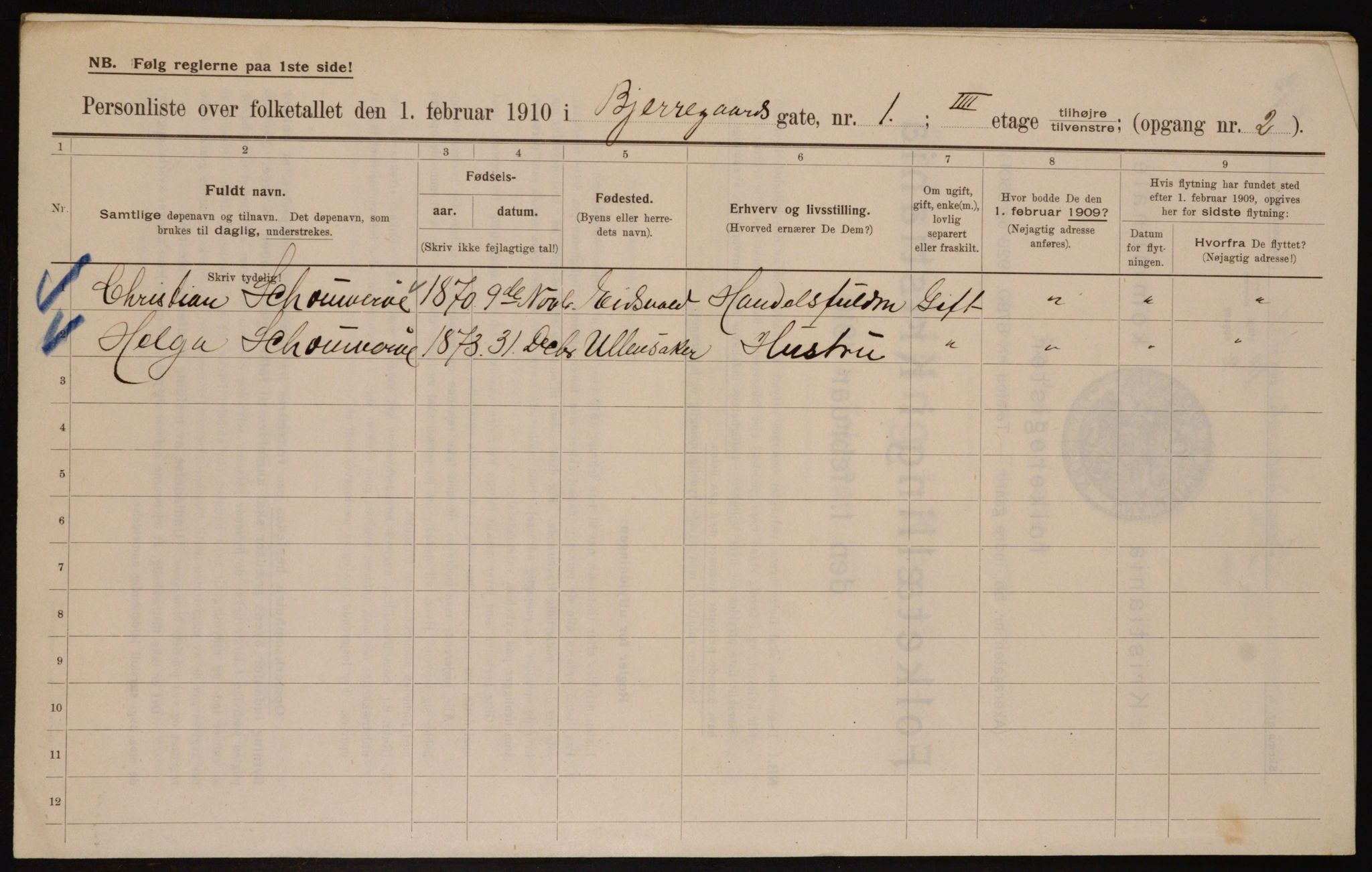 OBA, Municipal Census 1910 for Kristiania, 1910, p. 5284