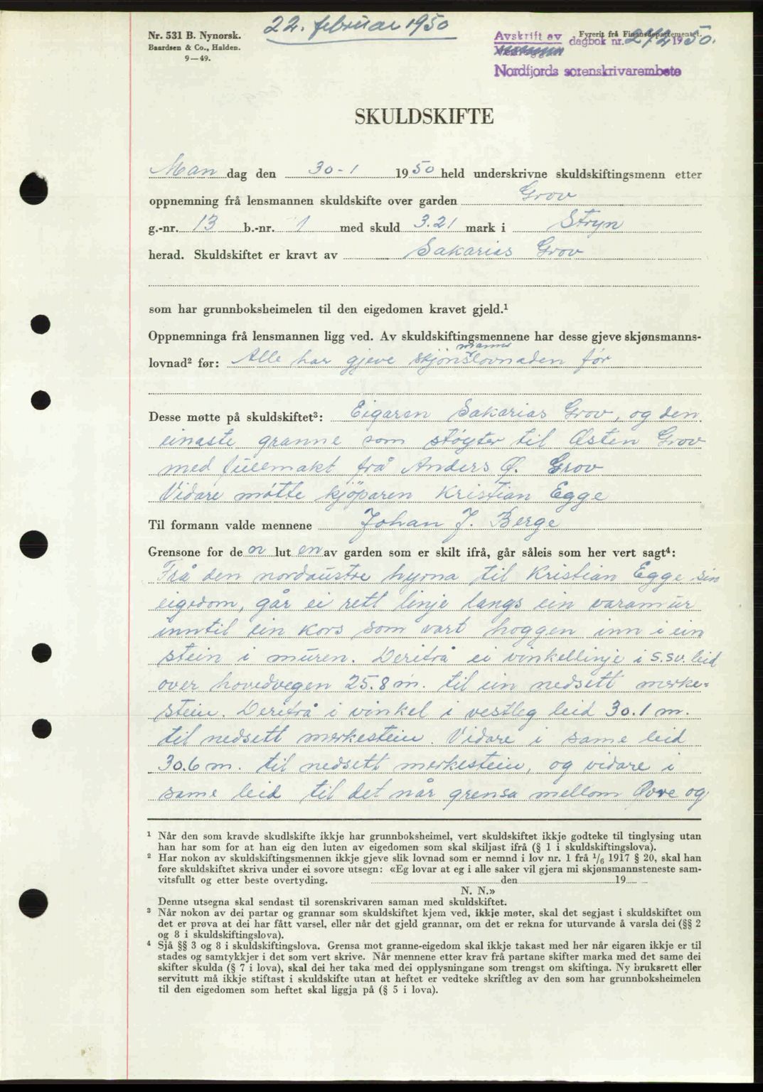 Nordfjord sorenskriveri, SAB/A-2801/02/02b/02bj/L0016a: Mortgage book no. A16 I, 1949-1950, Diary no: : 272/1950