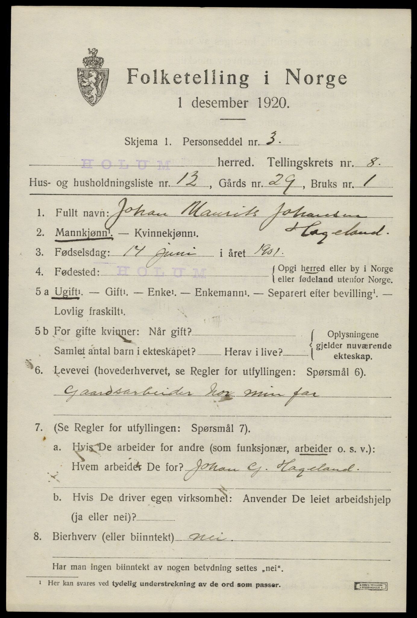 SAK, 1920 census for Holum, 1920, p. 2611