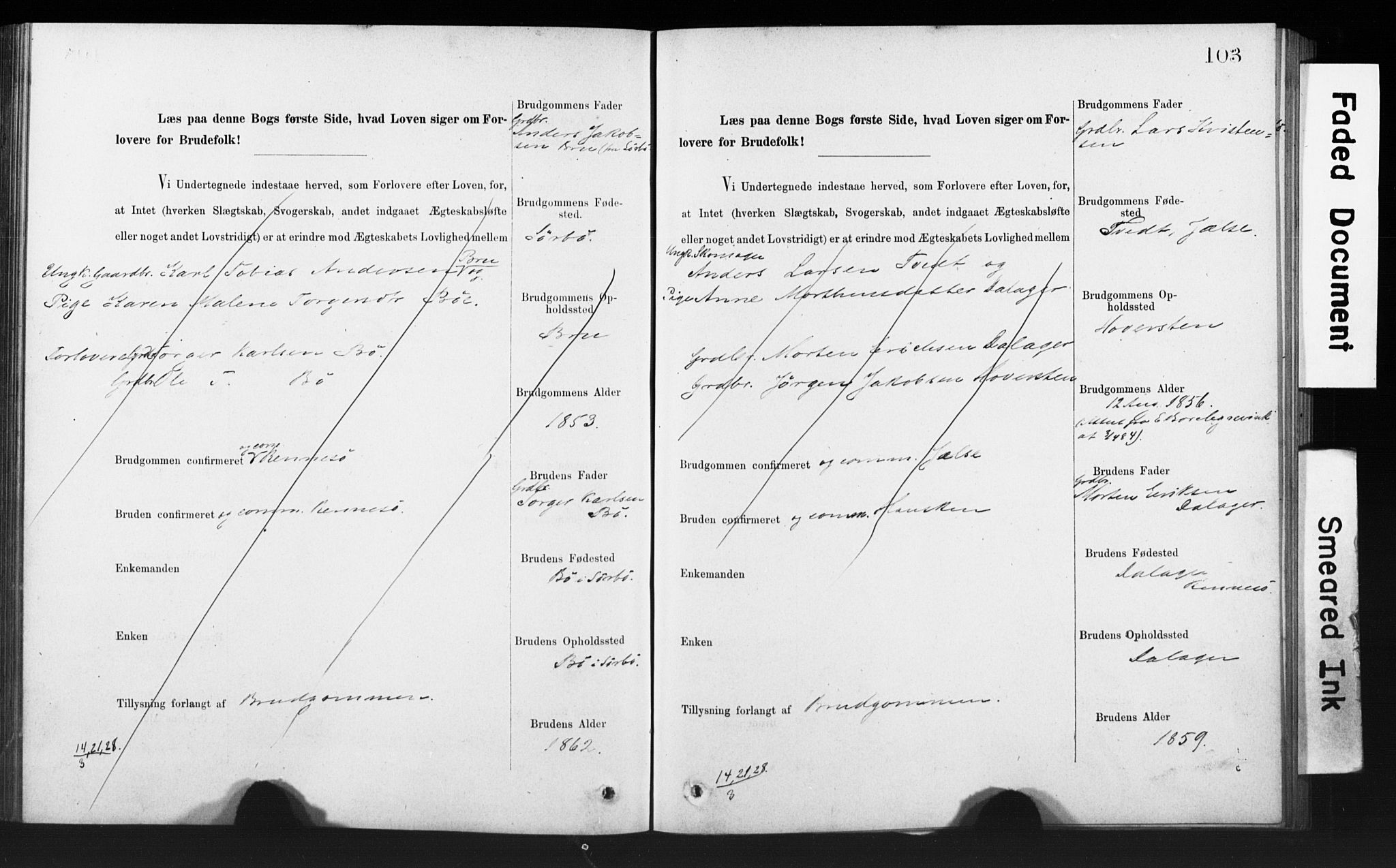 Rennesøy sokneprestkontor, AV/SAST-A -101827/I/Ie/L0001: Banns register no. 1, 1873-1898, p. 103