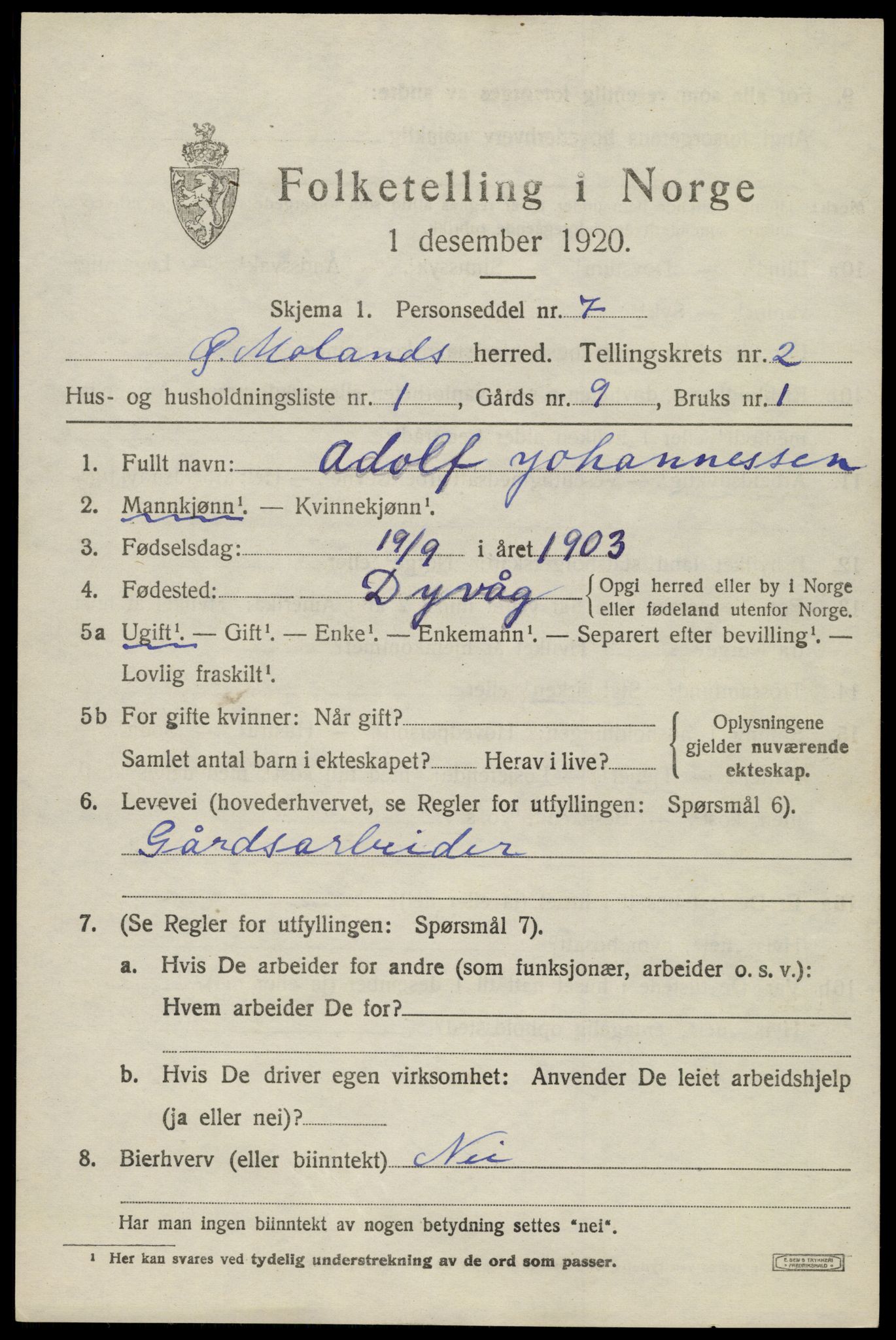 SAK, 1920 census for Austre Moland, 1920, p. 1257