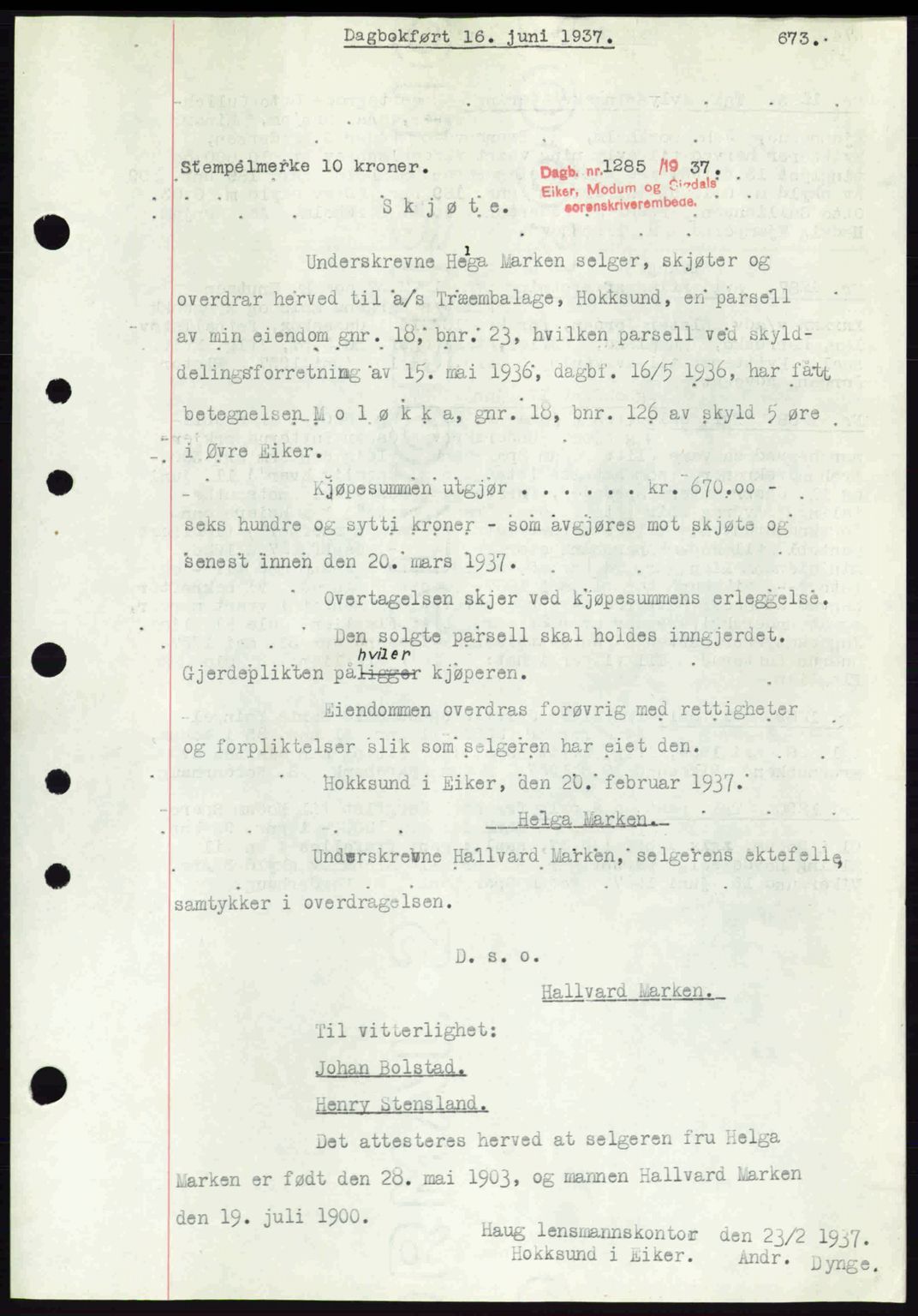 Eiker, Modum og Sigdal sorenskriveri, SAKO/A-123/G/Ga/Gab/L0035: Mortgage book no. A5, 1937-1937, Diary no: : 1285/1937