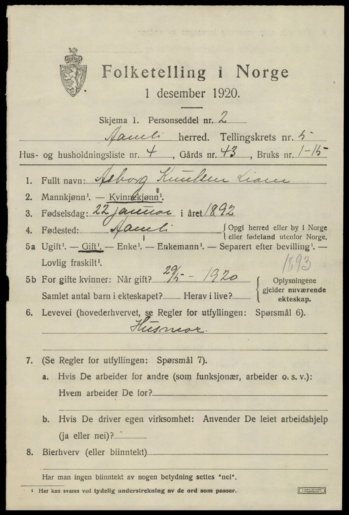 SAK, 1920 census for Åmli, 1920, p. 2321