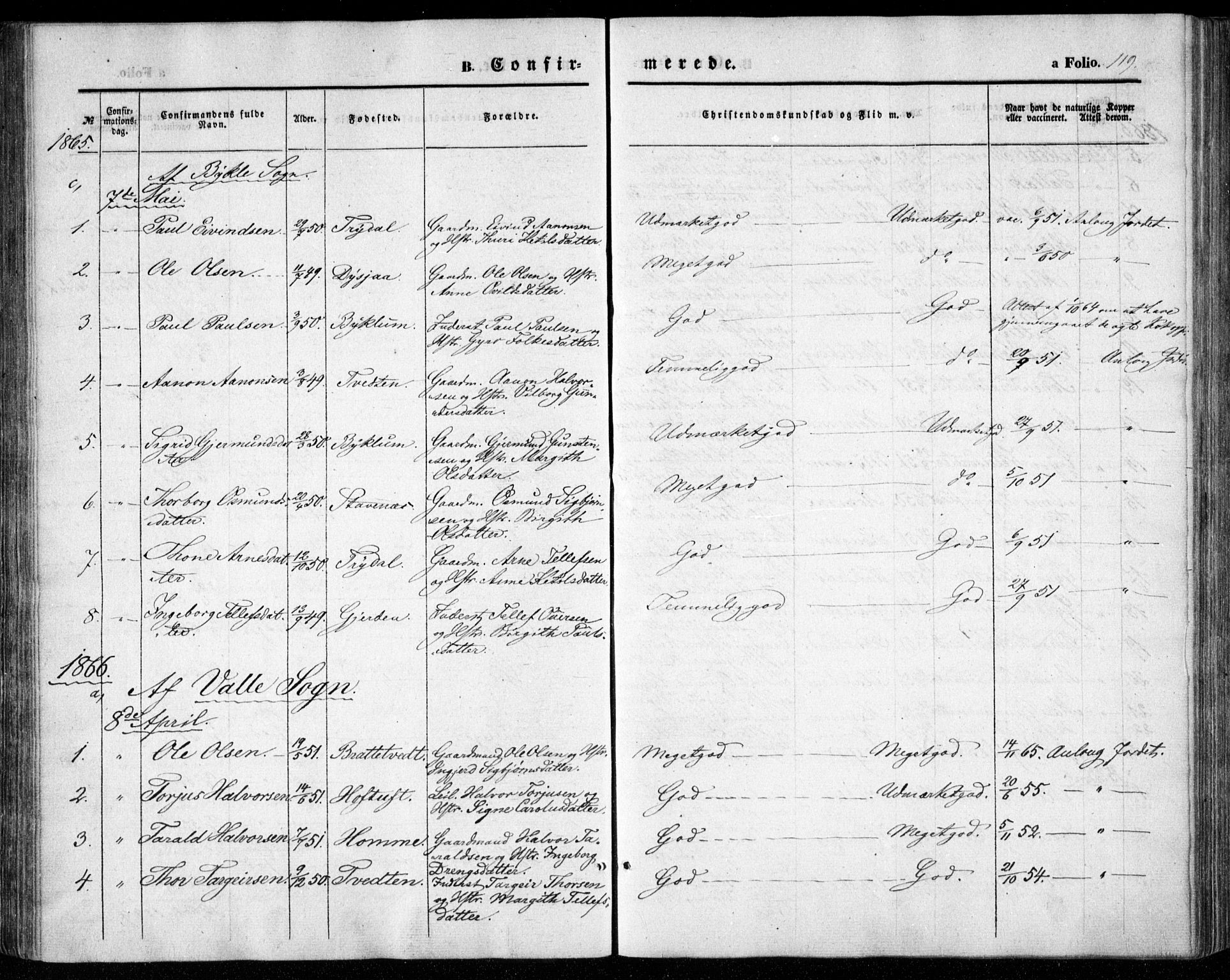Valle sokneprestkontor, SAK/1111-0044/F/Fa/Fac/L0007: Parish register (official) no. A 7, 1854-1868, p. 119