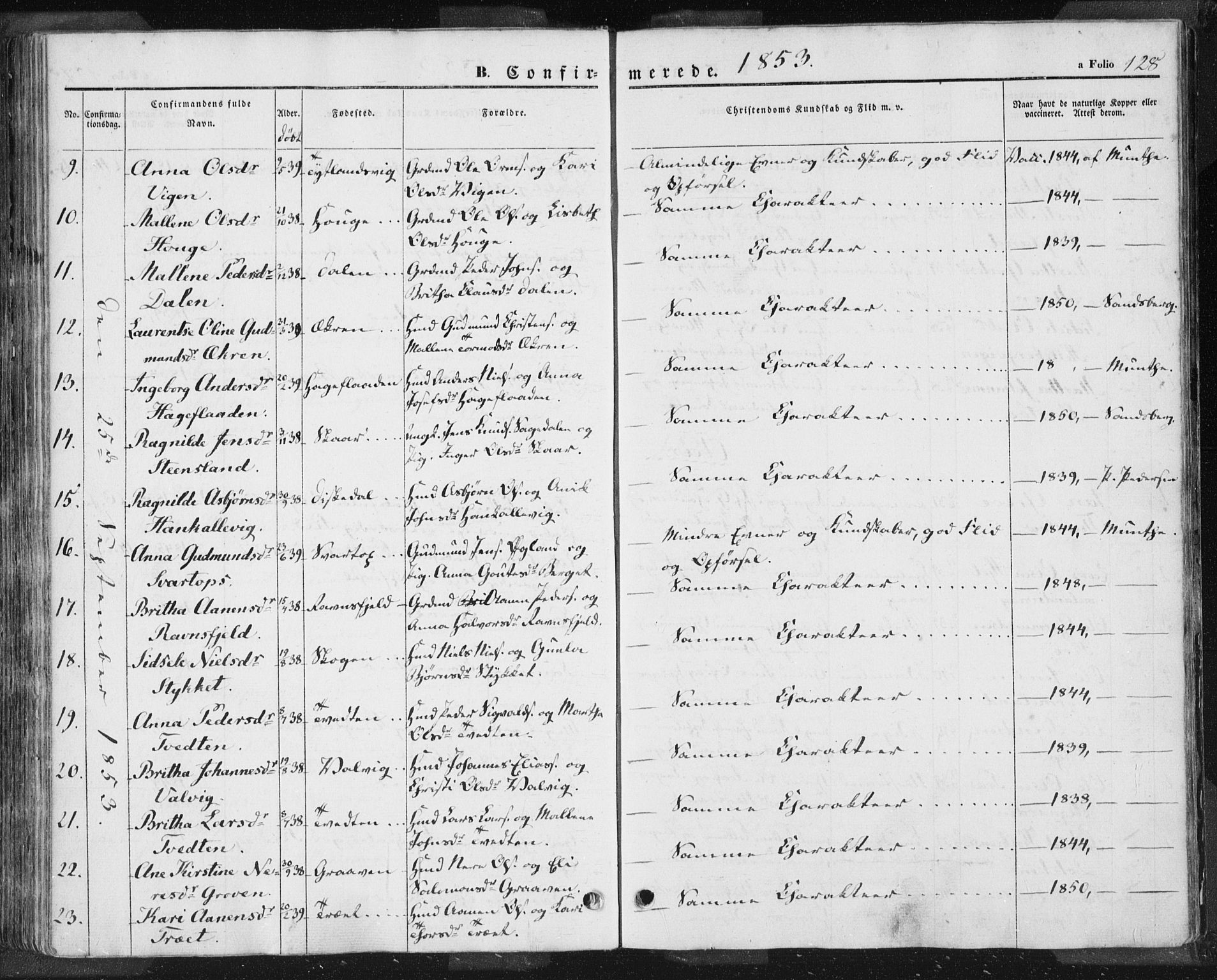 Hjelmeland sokneprestkontor, AV/SAST-A-101843/01/IV/L0009: Parish register (official) no. A 9, 1846-1860, p. 128