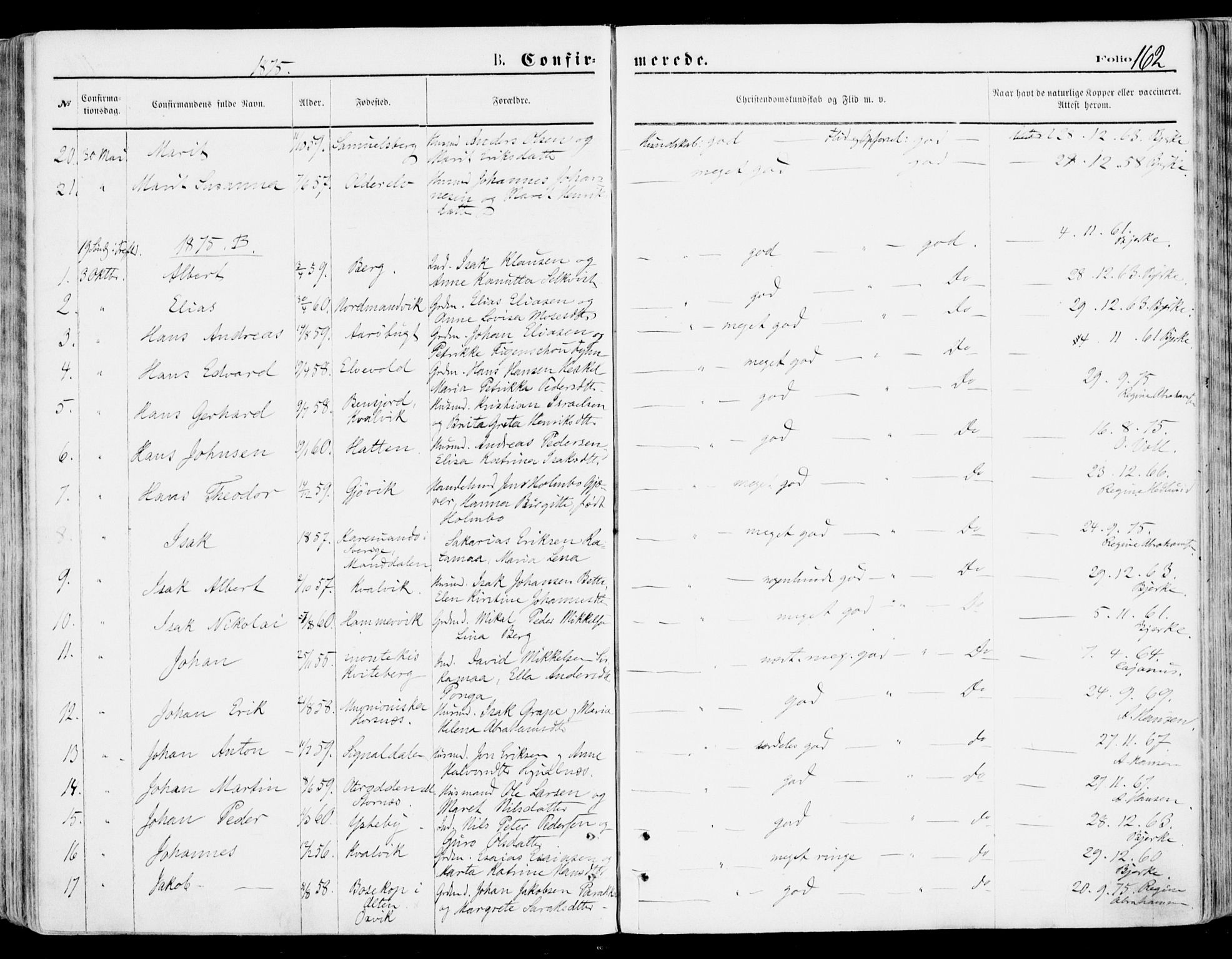 Lyngen sokneprestembete, SATØ/S-1289/H/He/Hea/L0006kirke: Parish register (official) no. 6, 1870-1878, p. 162