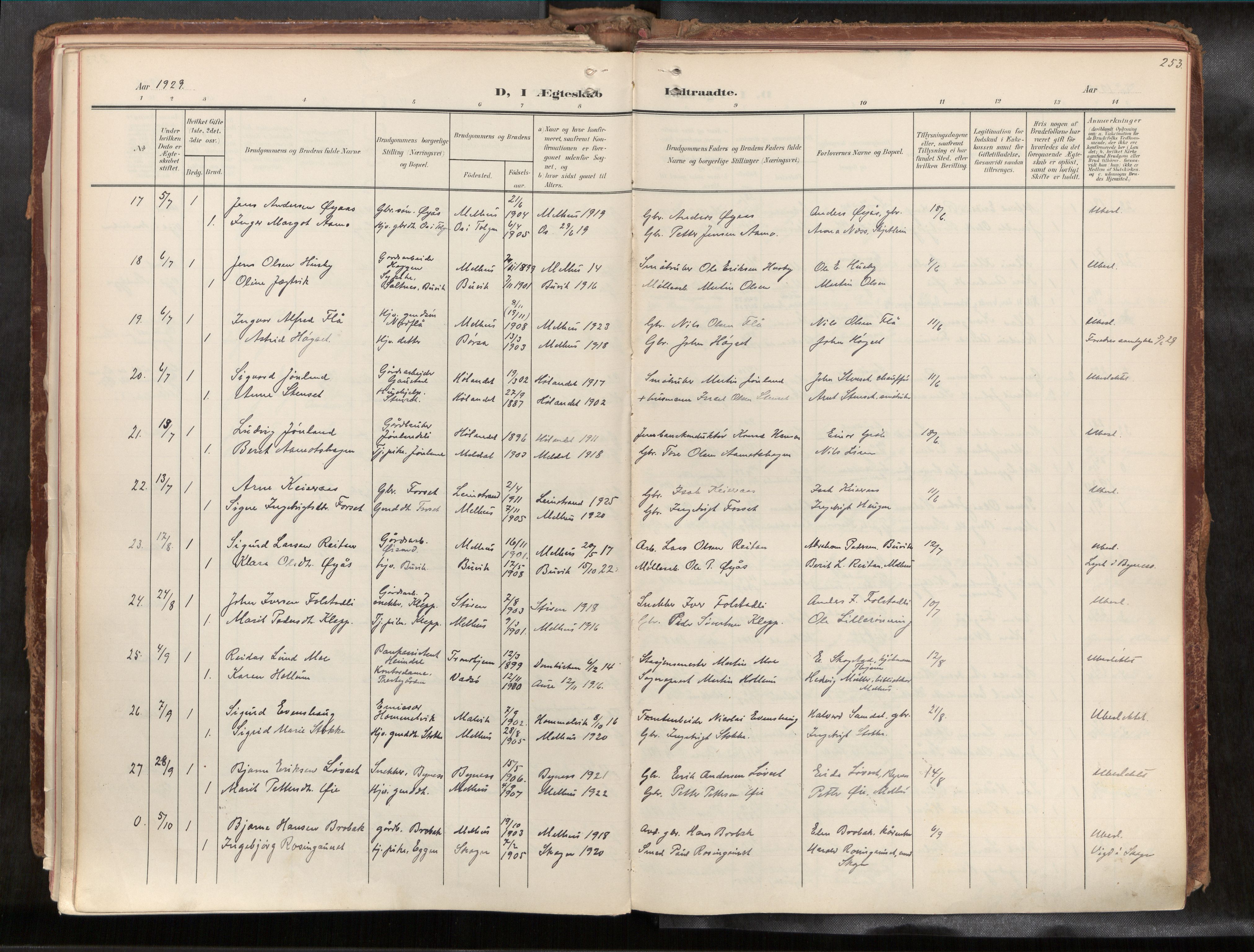 Ministerialprotokoller, klokkerbøker og fødselsregistre - Sør-Trøndelag, SAT/A-1456/691/L1085b: Parish register (official) no. 691A18, 1908-1930, p. 253