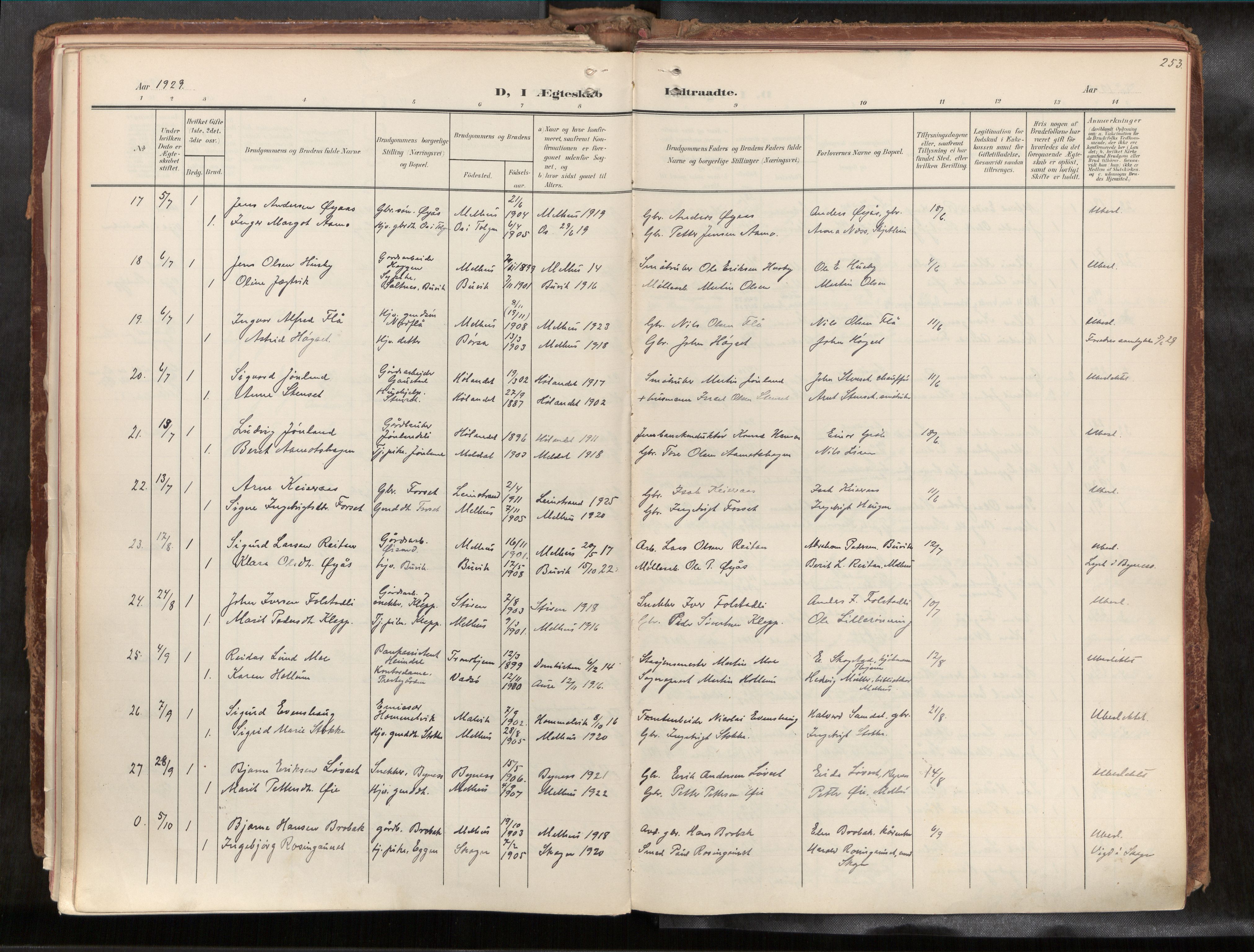 Ministerialprotokoller, klokkerbøker og fødselsregistre - Sør-Trøndelag, AV/SAT-A-1456/691/L1085b: Parish register (official) no. 691A18, 1908-1930, p. 253