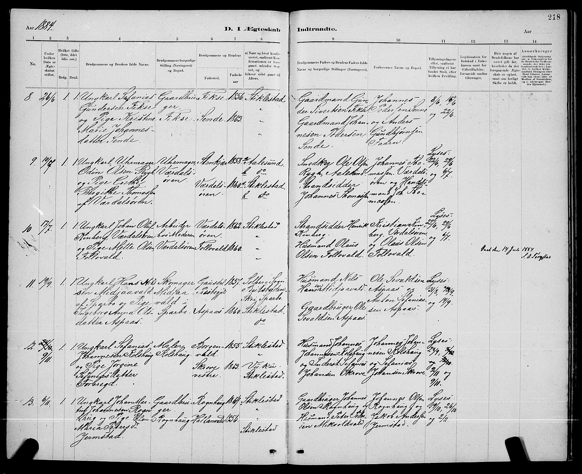 Ministerialprotokoller, klokkerbøker og fødselsregistre - Nord-Trøndelag, AV/SAT-A-1458/723/L0256: Parish register (copy) no. 723C04, 1879-1890, p. 218