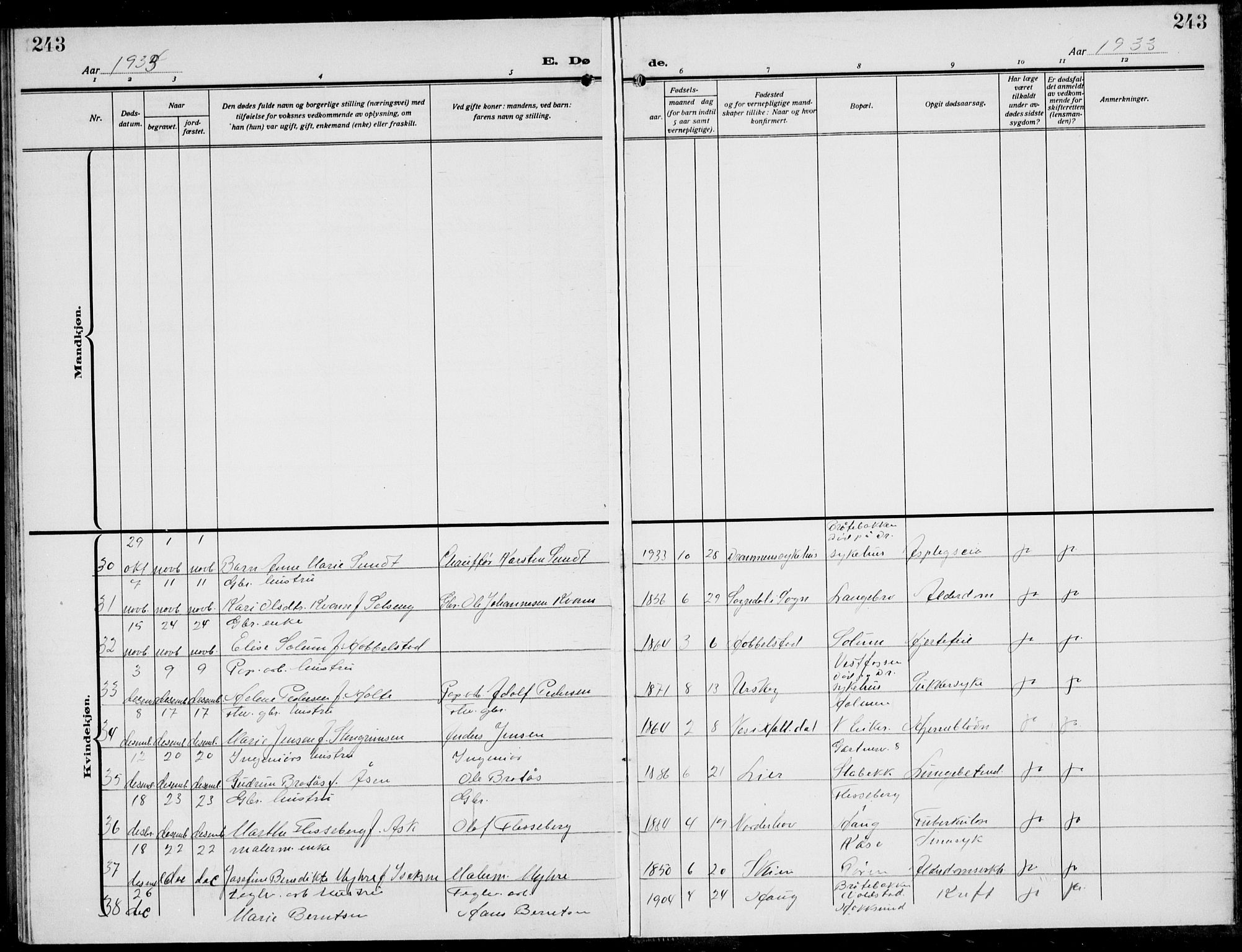 Eiker kirkebøker, AV/SAKO-A-4/G/Ga/L0010: Parish register (copy) no. I 10, 1925-1934, p. 243