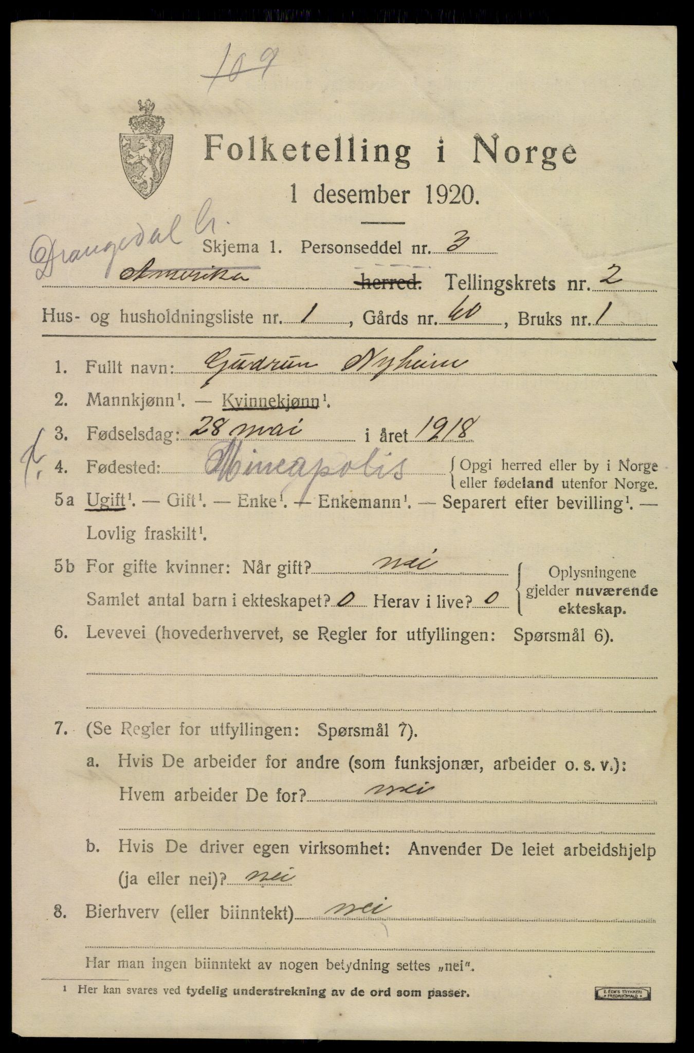 SAKO, 1920 census for Drangedal, 1920, p. 2073