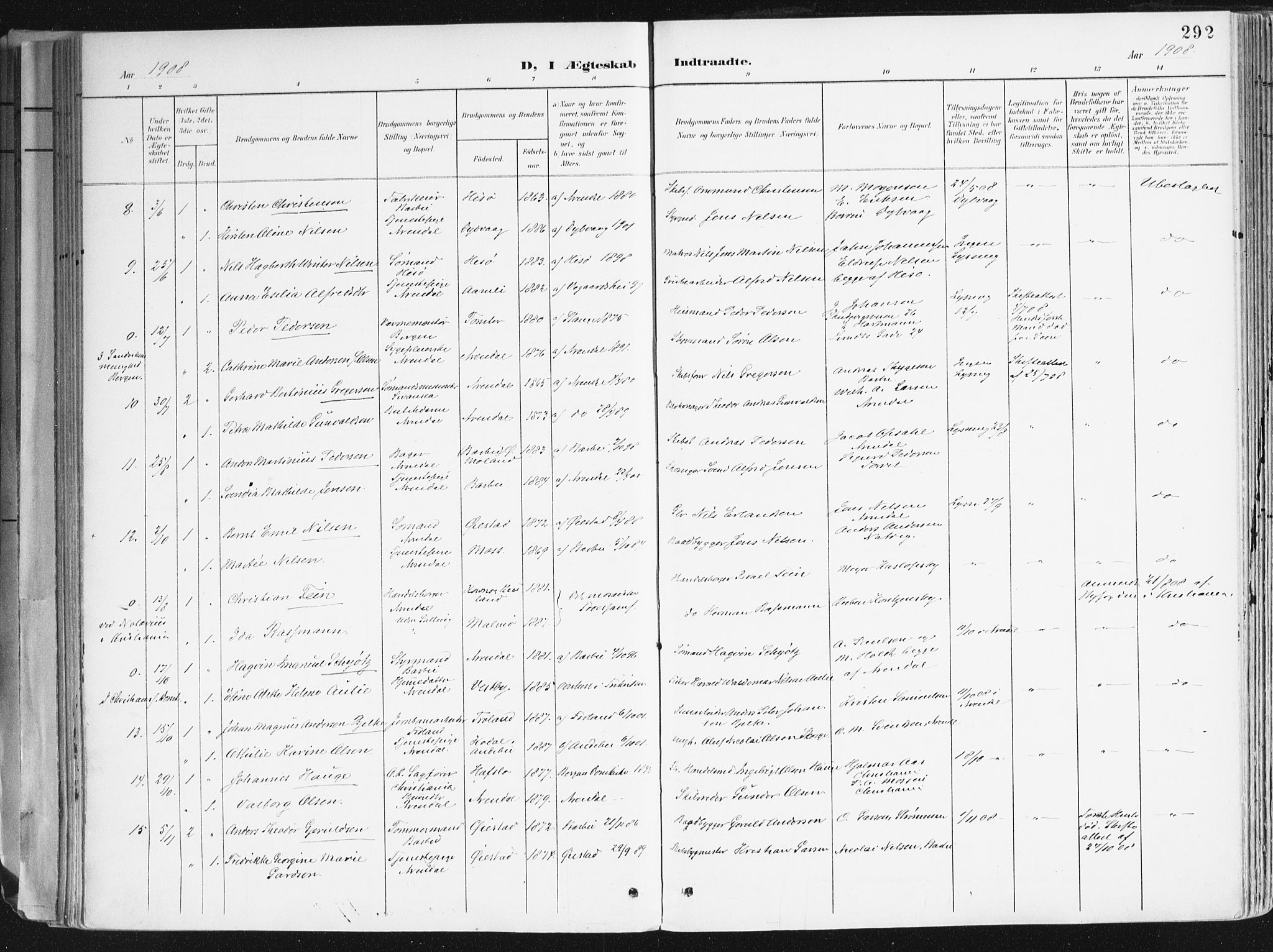 Arendal sokneprestkontor, Trefoldighet, SAK/1111-0040/F/Fa/L0010: Parish register (official) no. A 10, 1900-1919, p. 292